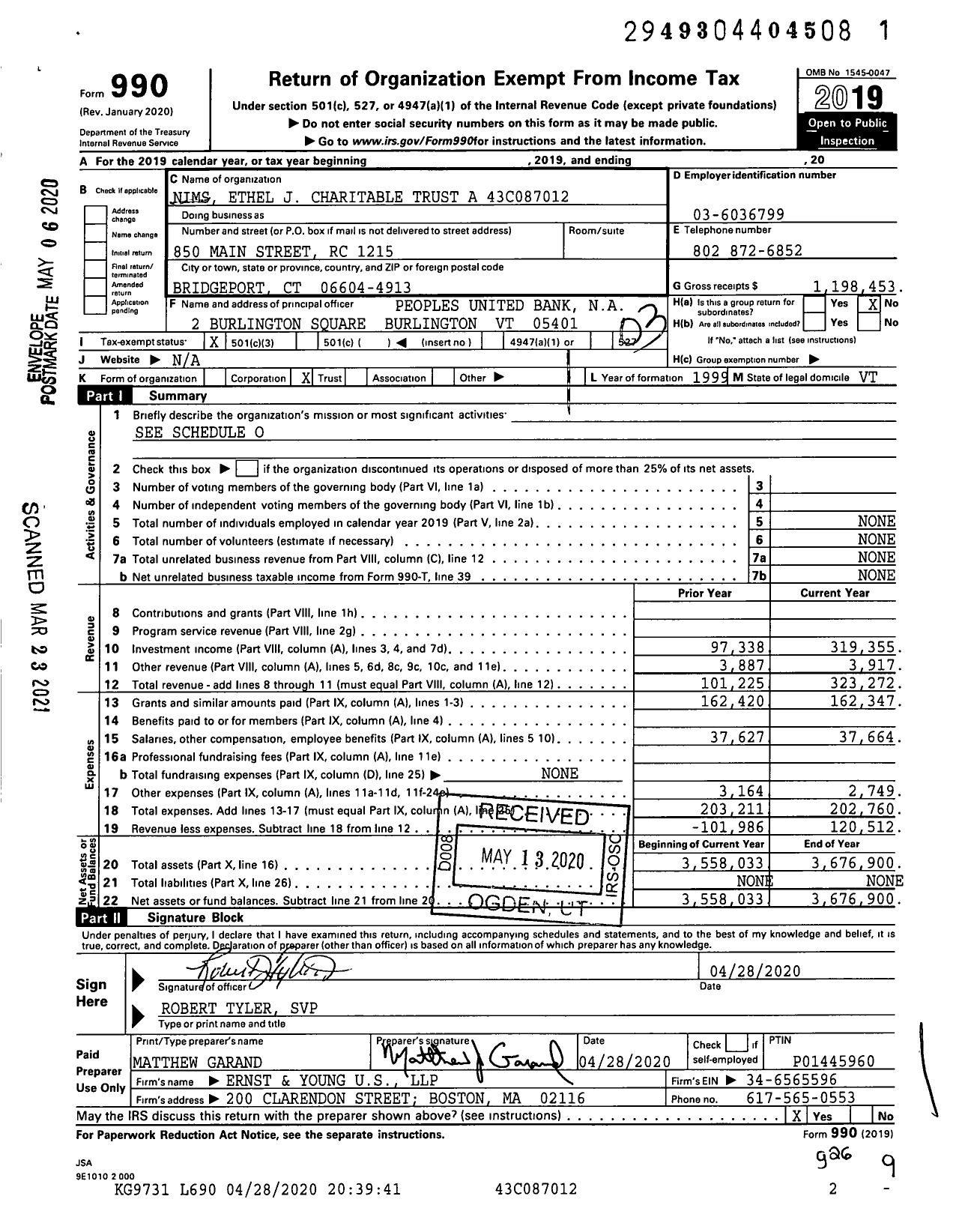 Image of first page of 2019 Form 990 for Nims Ethel J Charitable Trust A 5982