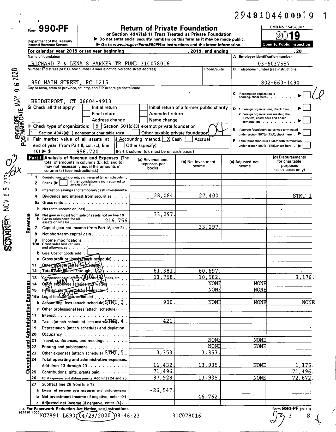 Image of first page of 2019 Form 990PF for Richard F and Lena S Barker TR Fund