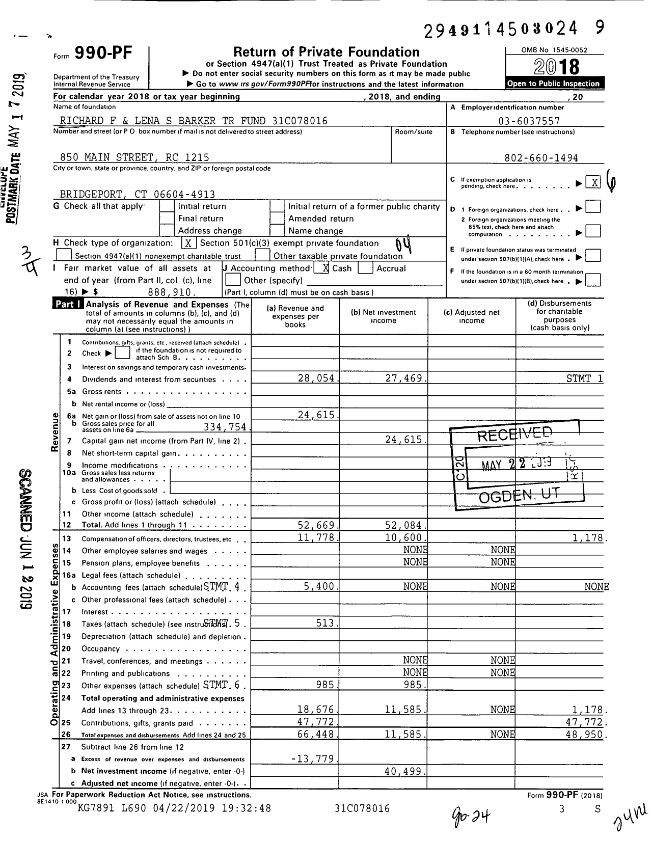 Image of first page of 2018 Form 990PF for Richard F and Lena S Barker TR Fund