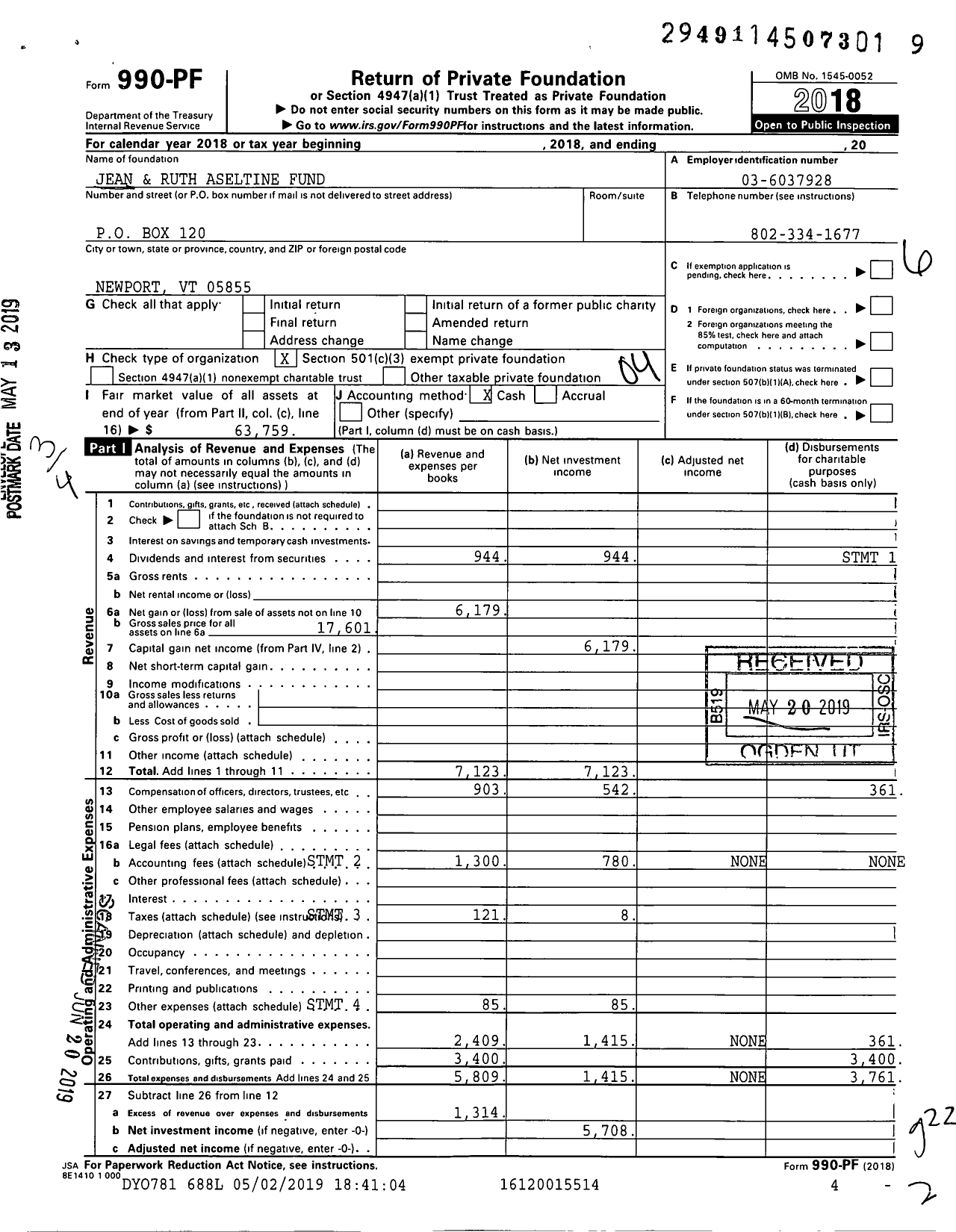 Image of first page of 2018 Form 990PF for Jean and Ruth Aseltine Fund Community Finl