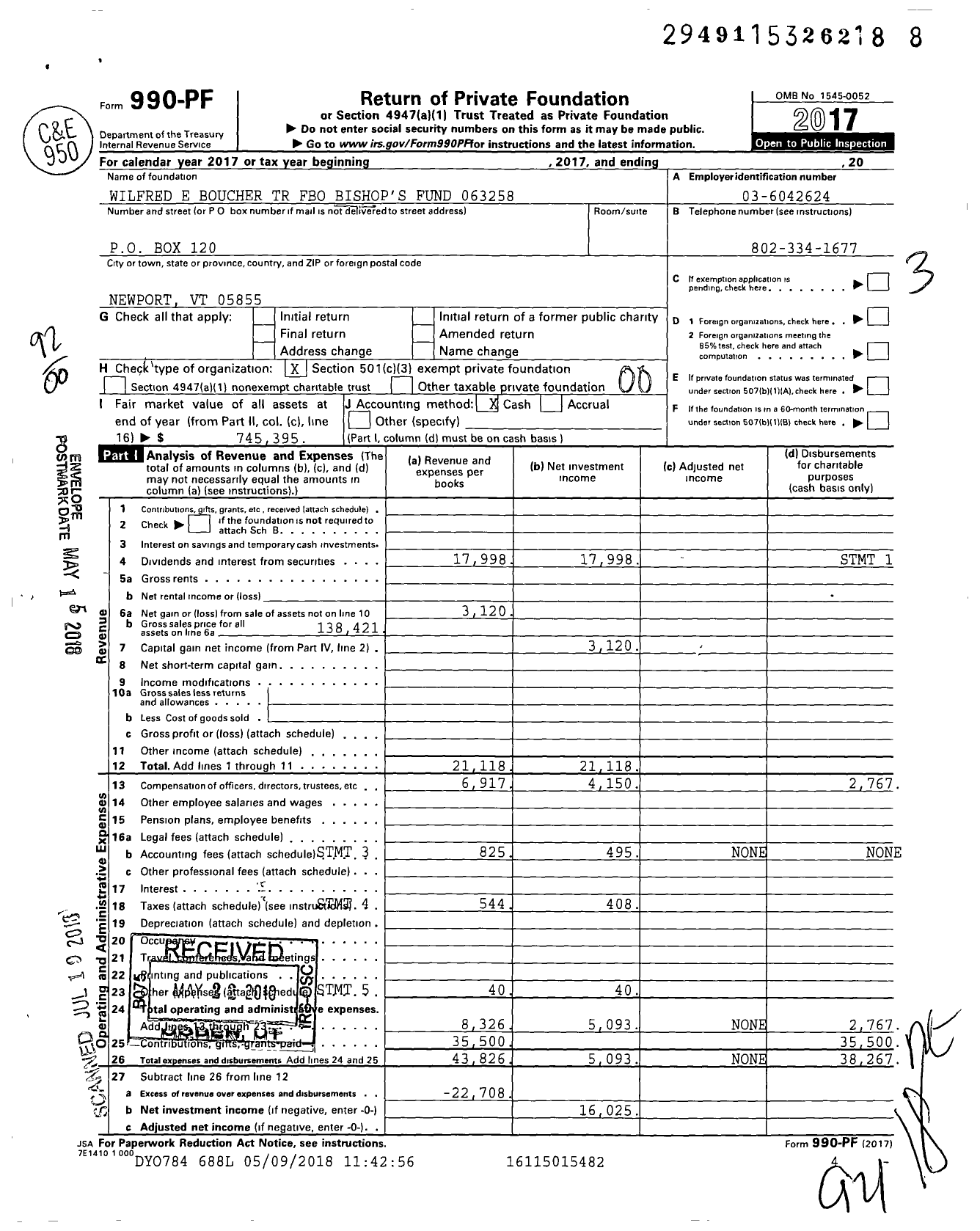 Image of first page of 2017 Form 990PF for Wilfrid E Boucher TR Fbo Bishops Fund 063258