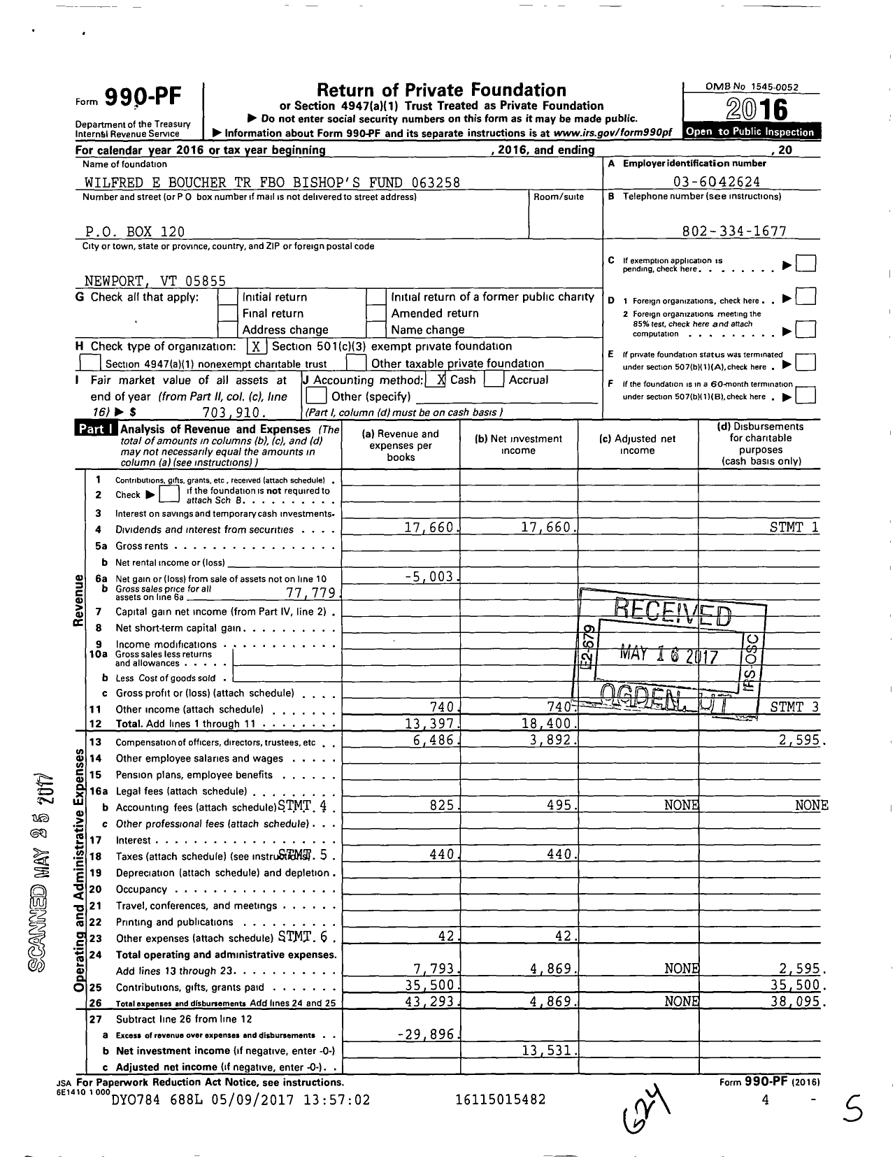 Image of first page of 2016 Form 990PF for Wilfrid E Boucher TR Fbo Bishops Fund 063258