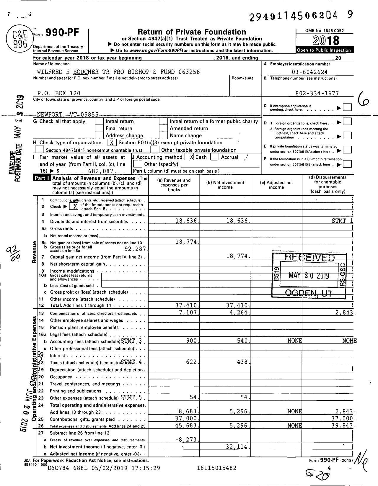 Image of first page of 2018 Form 990PF for Wilfrid E Boucher TR Fbo Bishops Fund 063258