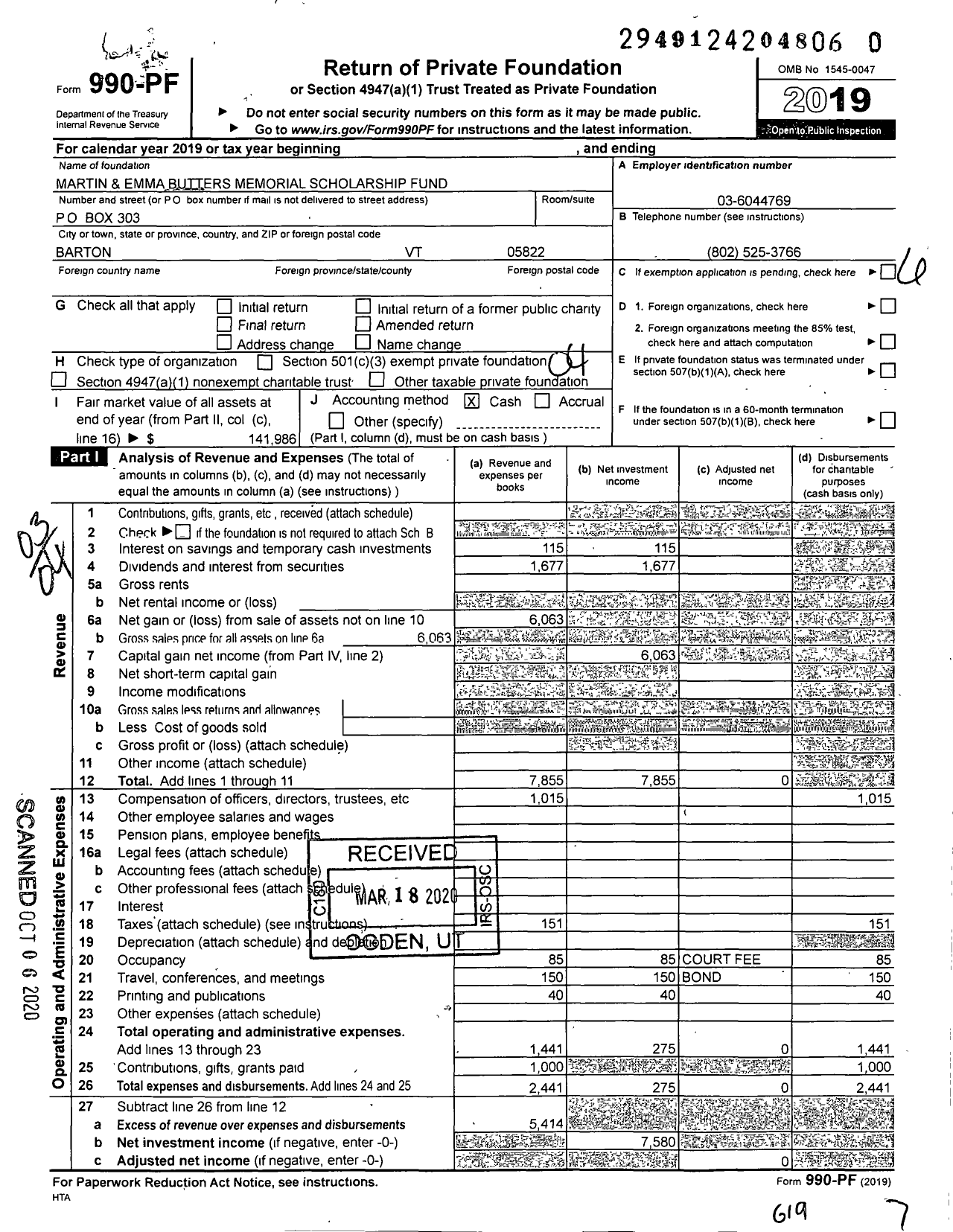 Image of first page of 2019 Form 990PR for Martin & Emma Butters Memorial Scholarship Fund