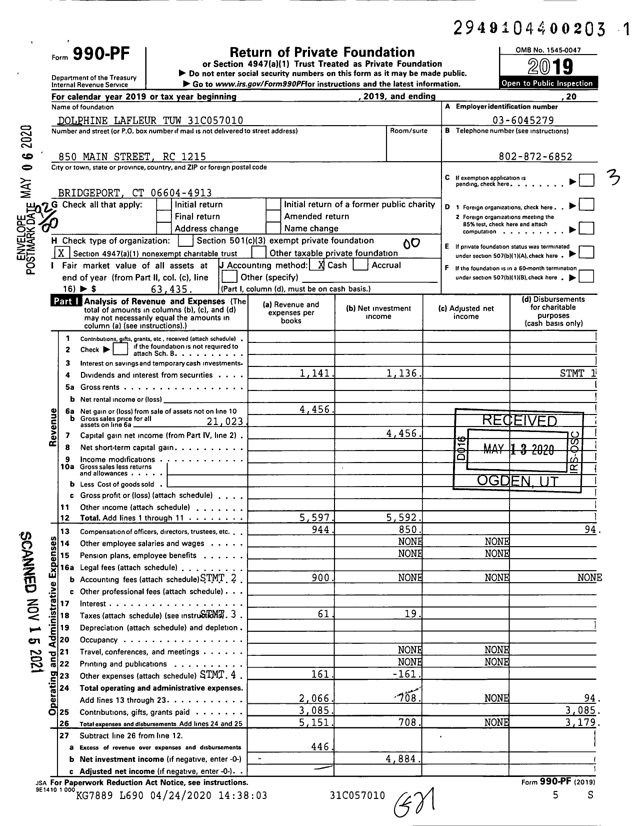 Image of first page of 2019 Form 990PF for Dolphine Lafleur Tuw