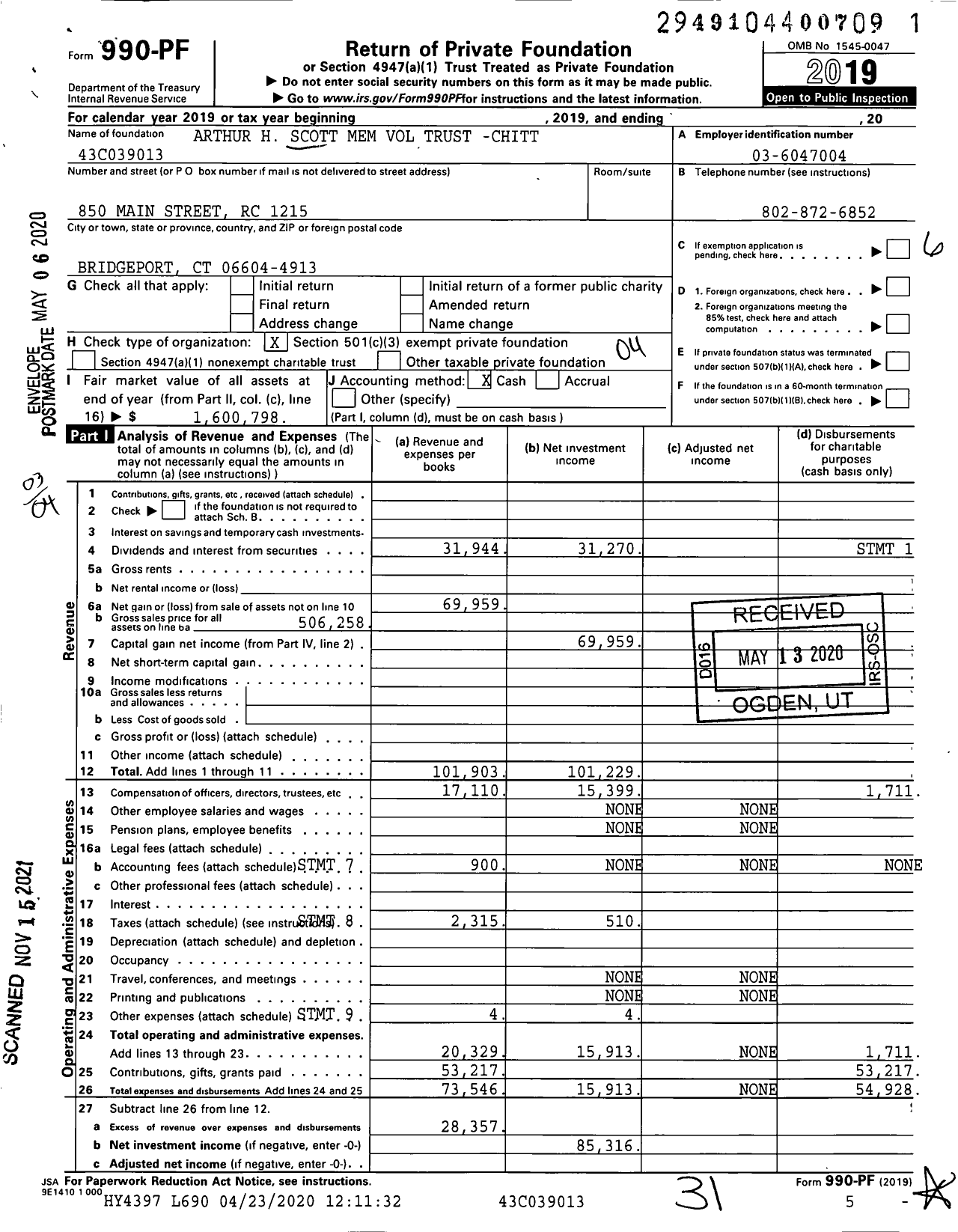 Image of first page of 2019 Form 990PF for Arthur H Scott Mem Vol Trust Trust-Chitt