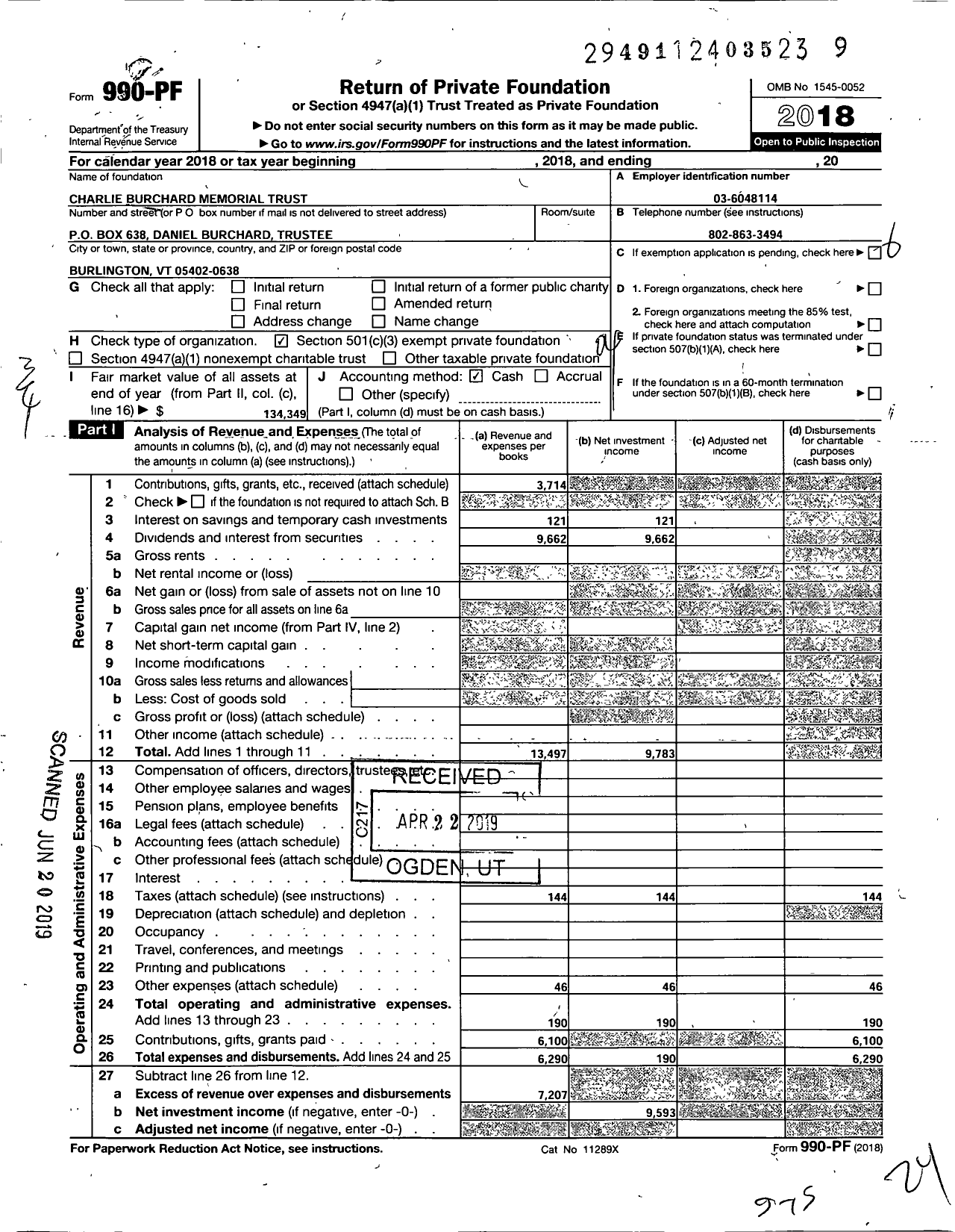 Image of first page of 2018 Form 990PF for Charlie Burchard Memorial Trust