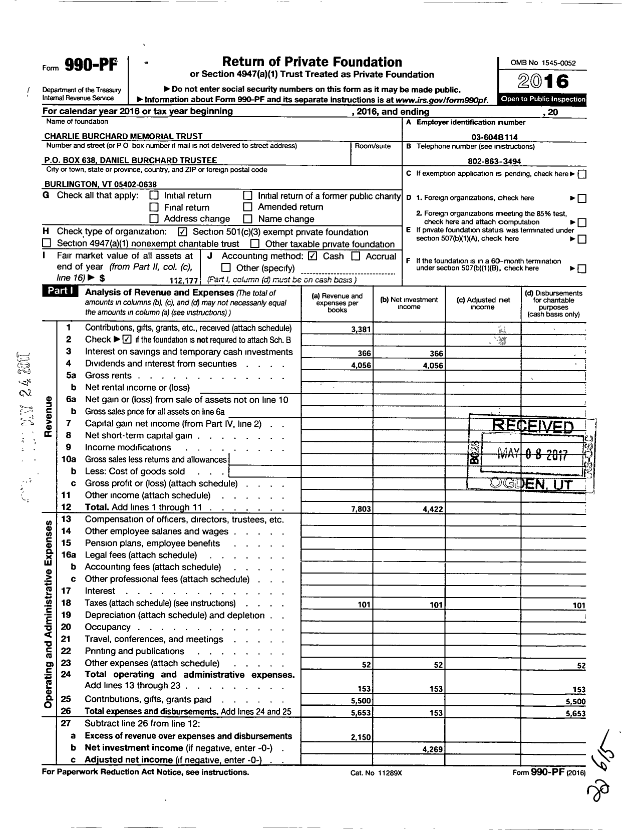 Image of first page of 2016 Form 990PF for Charlie Burchard Memorial Trust