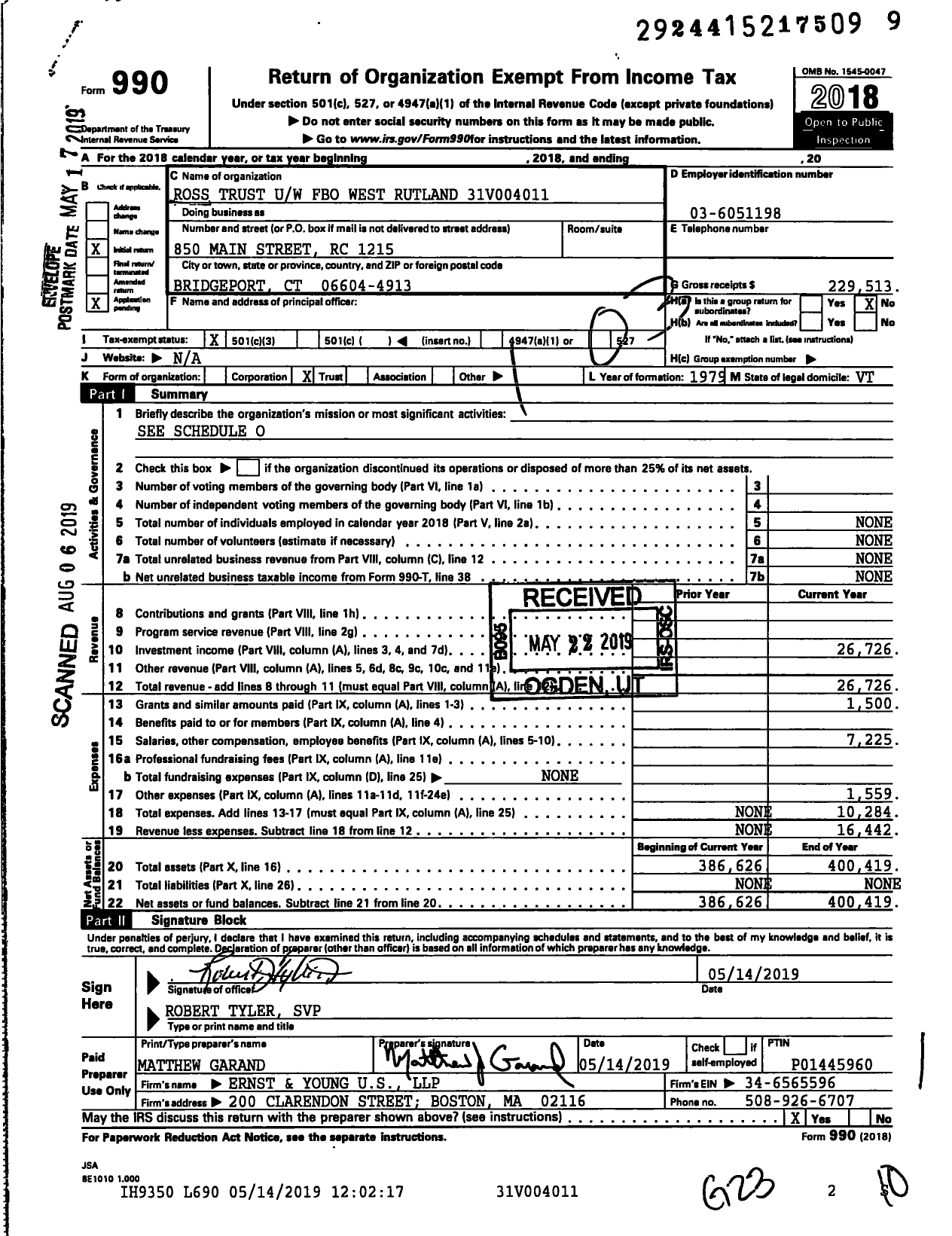 Image of first page of 2018 Form 990 for Ross Trust Uw Fbo West Rutland