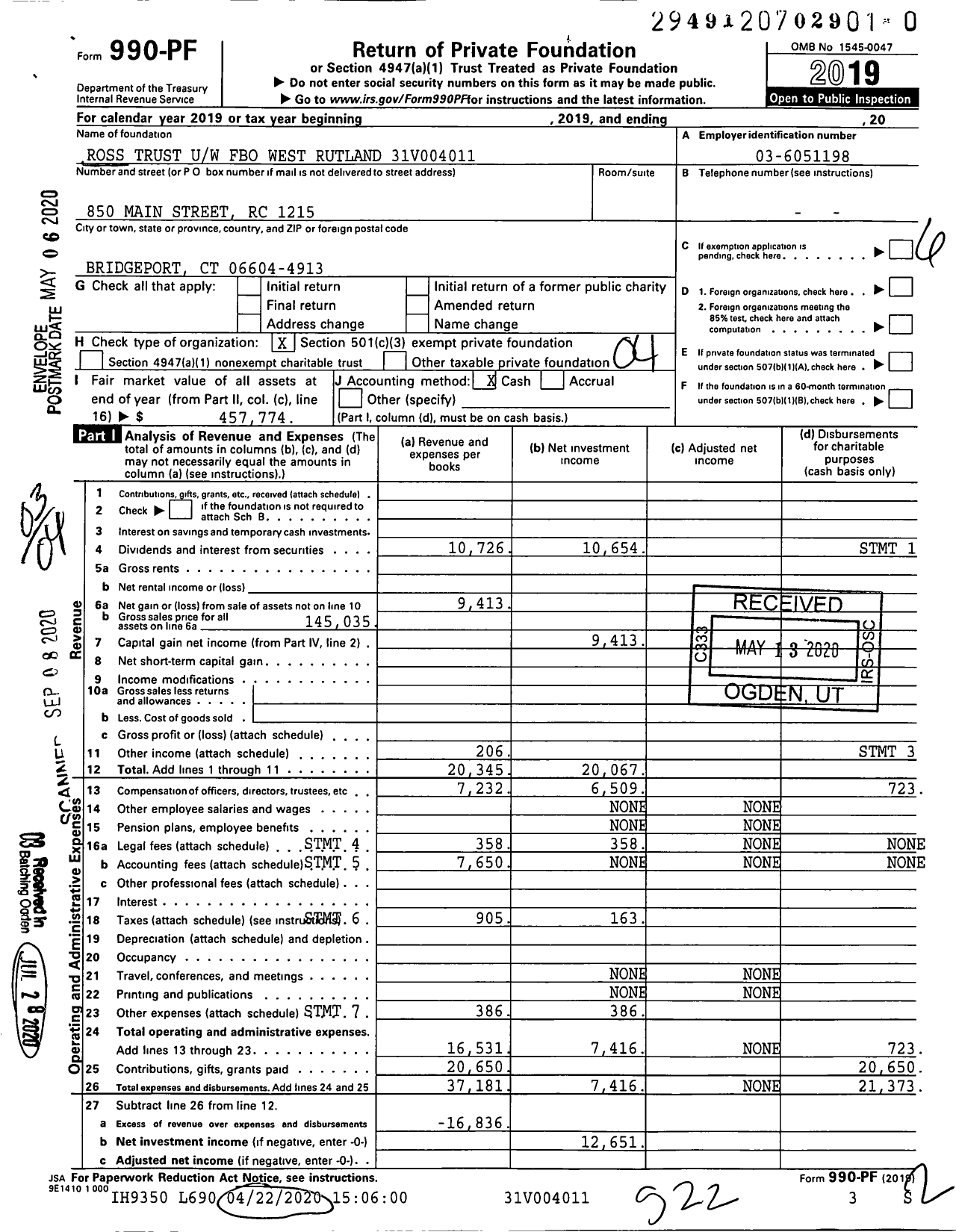 Image of first page of 2019 Form 990PR for Ross Trust Uw Fbo West Rutland