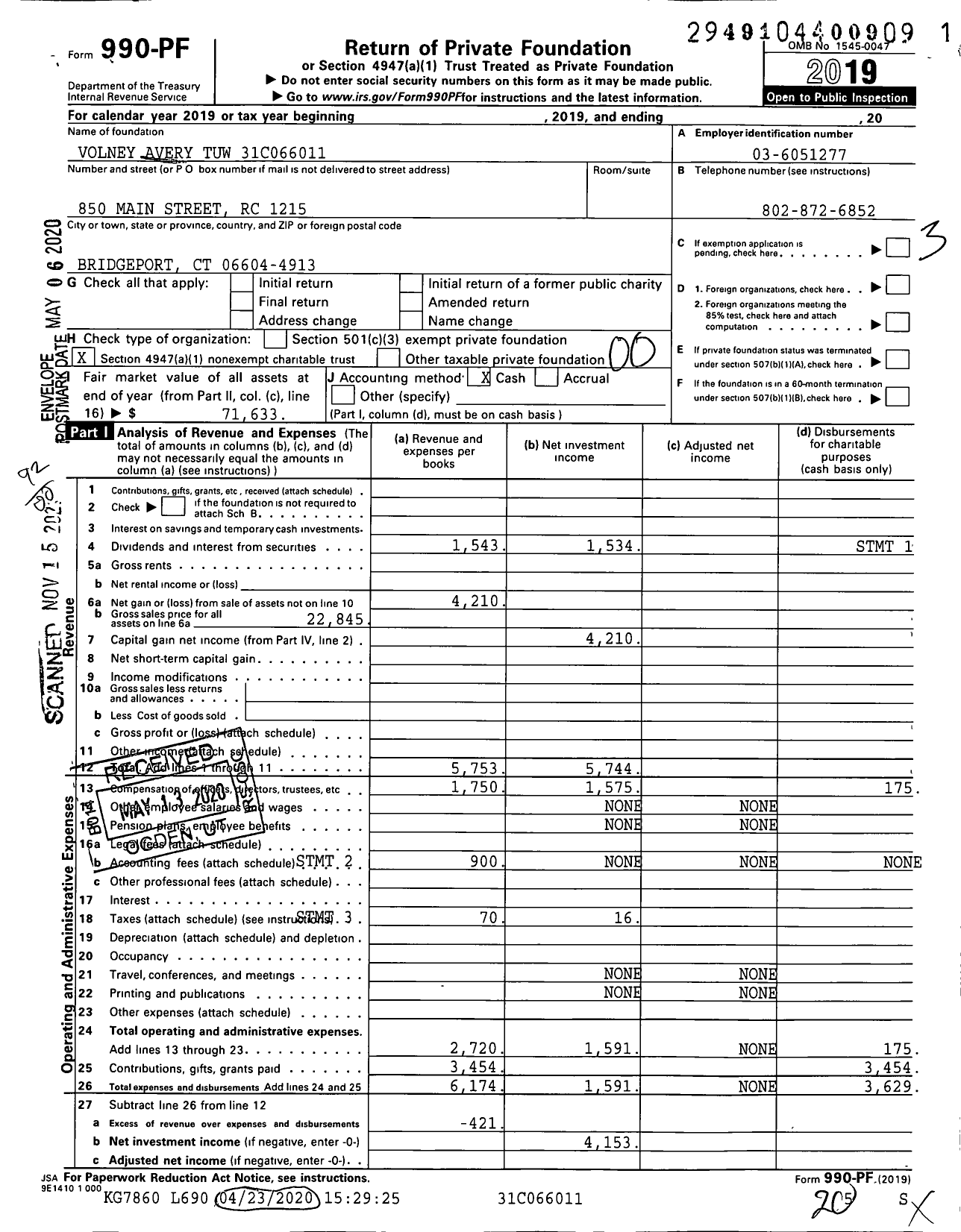 Image of first page of 2019 Form 990PF for Volney Avery Tuw