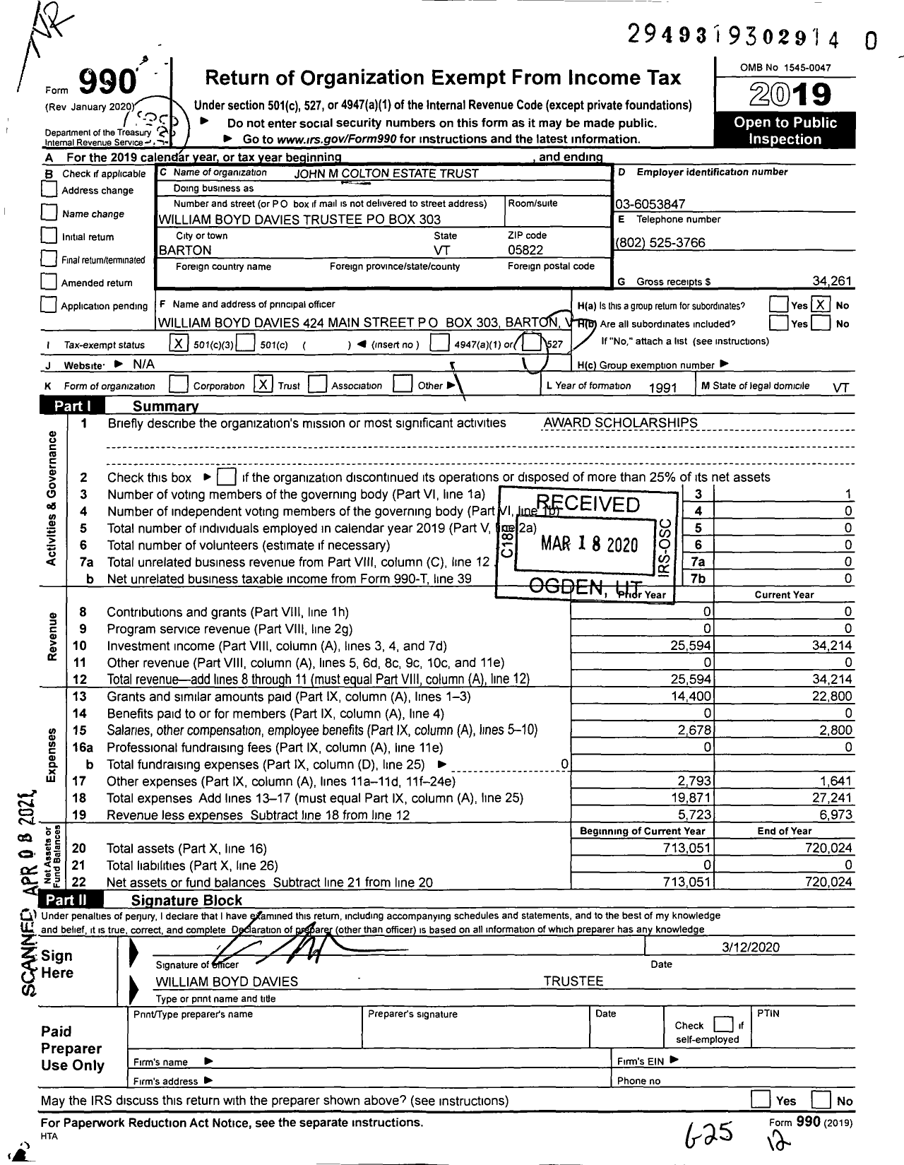 Image of first page of 2019 Form 990 for John M Colton Charitable Trust UW