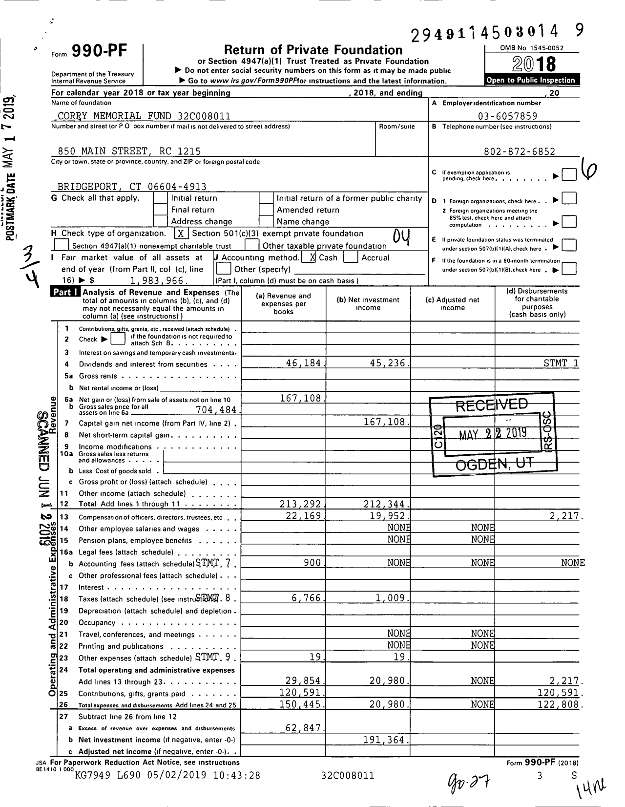 Image of first page of 2018 Form 990PF for Corry Memorial Fund
