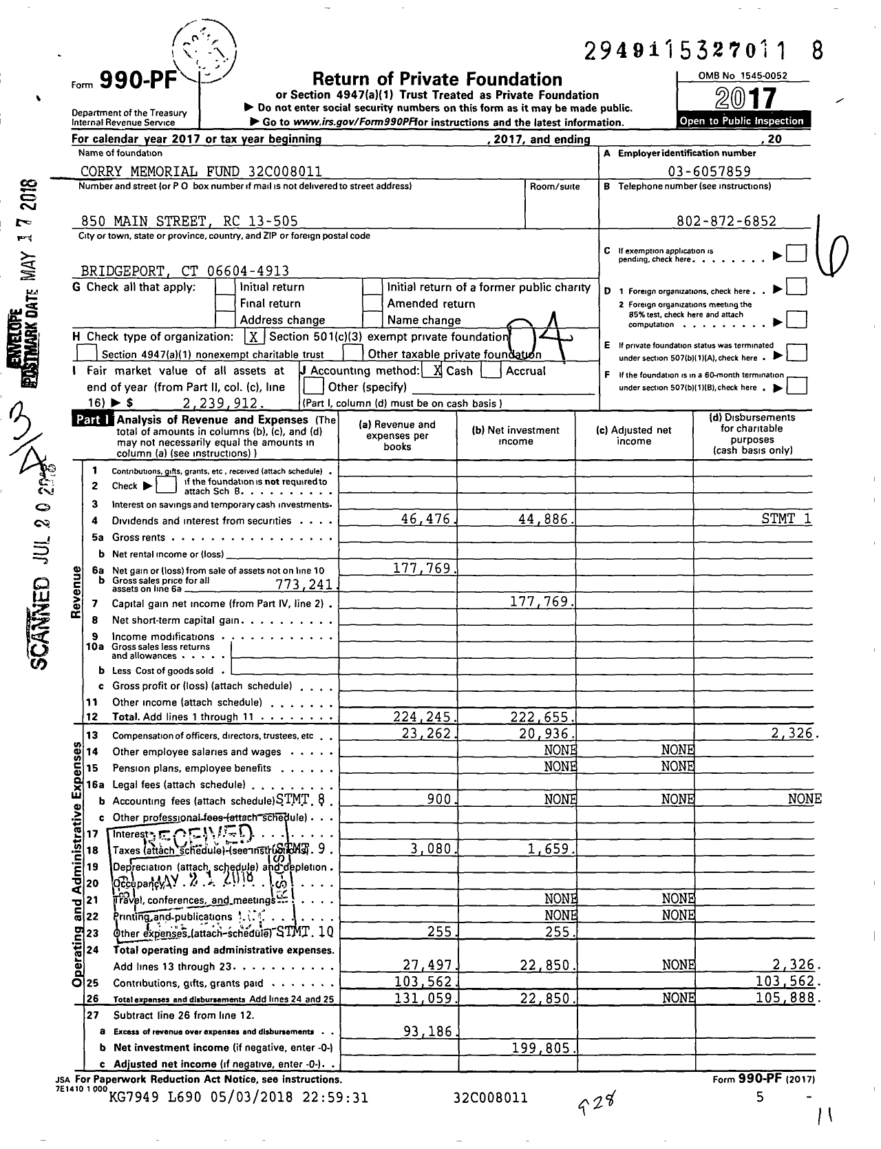 Image of first page of 2017 Form 990PF for Corry Memorial Fund