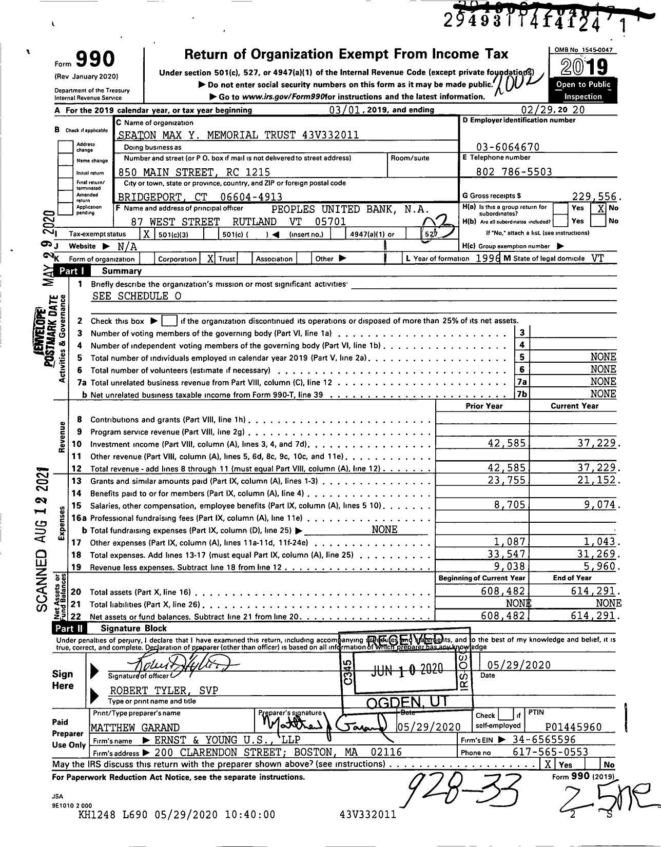 Image of first page of 2019 Form 990 for Seaton Max Y Memorial Trust