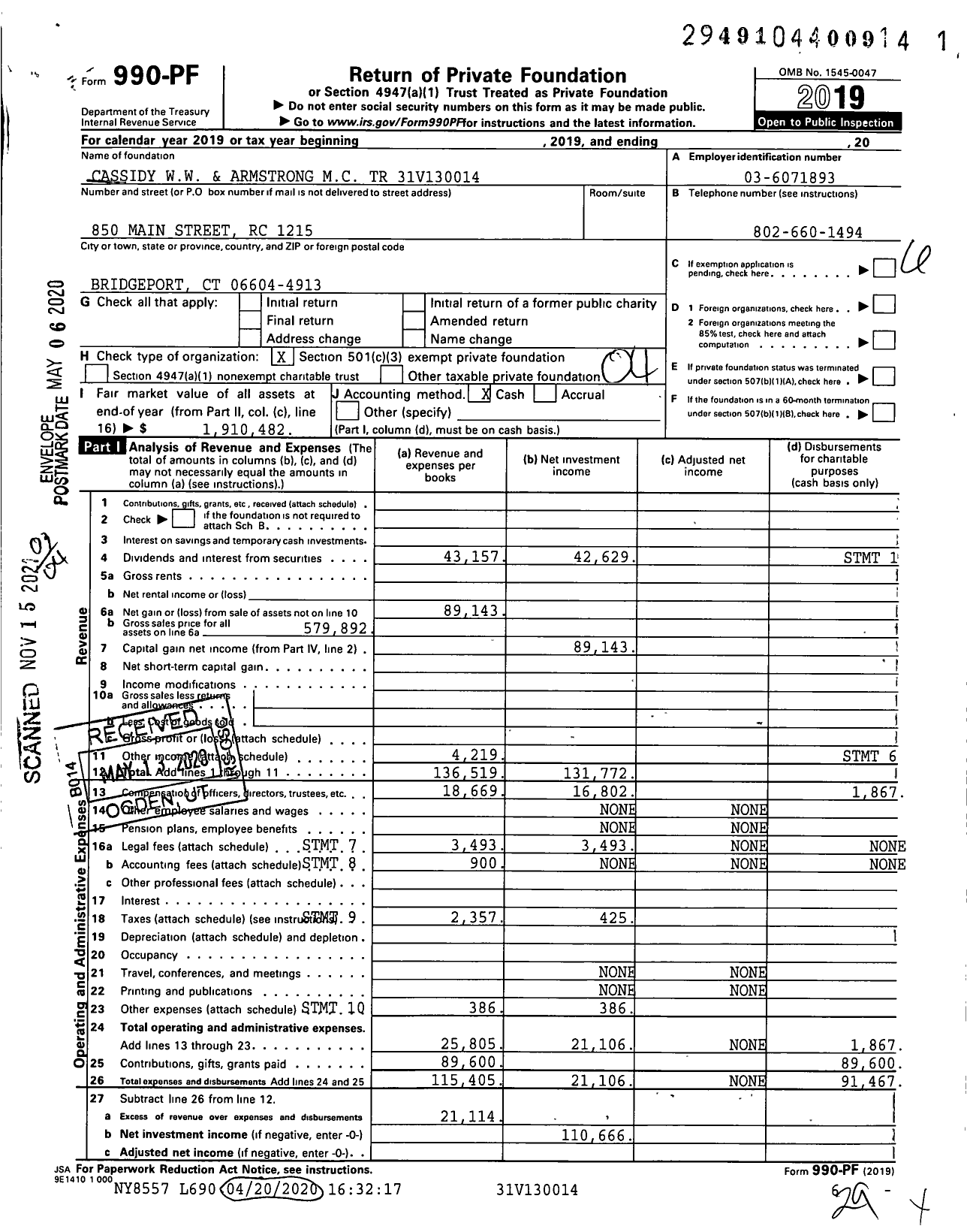 Image of first page of 2019 Form 990PF for Cassidy WW and Armstrong MC Trust