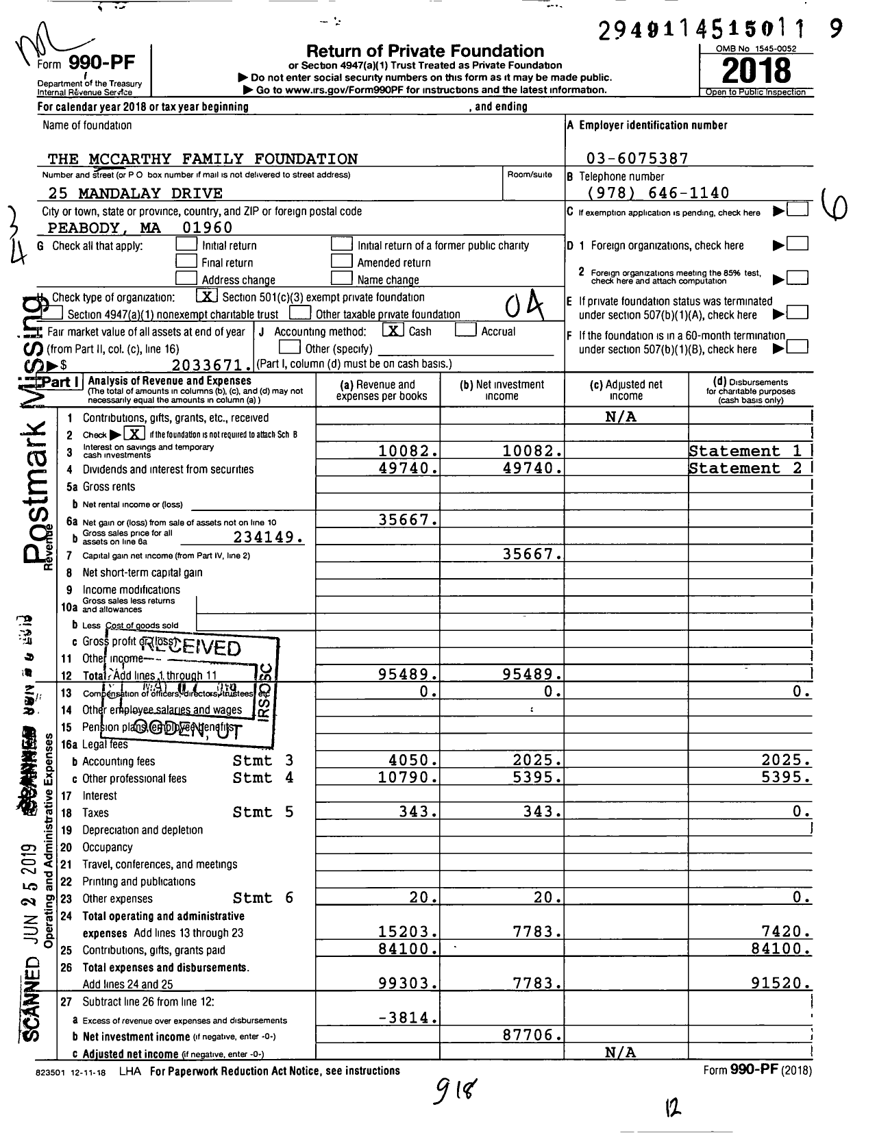 Image of first page of 2018 Form 990PF for The Mccarthy Family Foundation