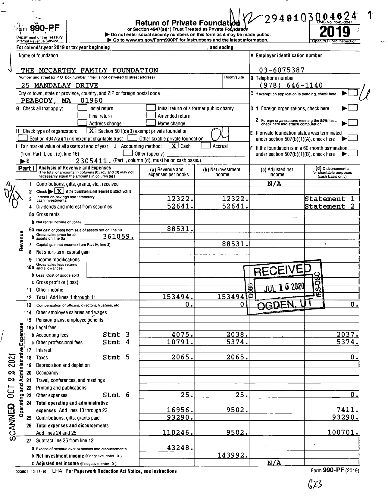 Image of first page of 2019 Form 990PF for The Mccarthy Family Foundation