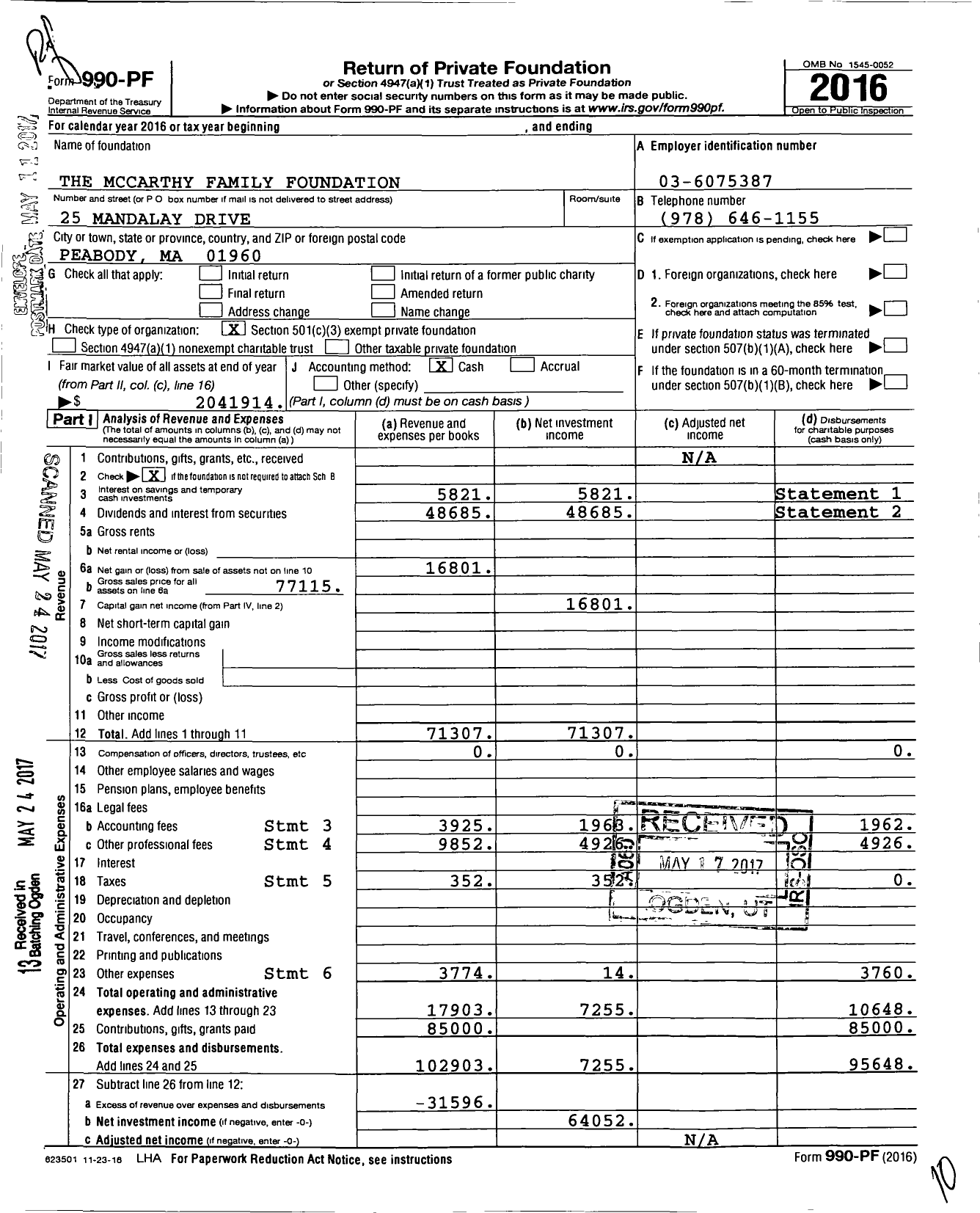 Image of first page of 2016 Form 990PF for The Mccarthy Family Foundation