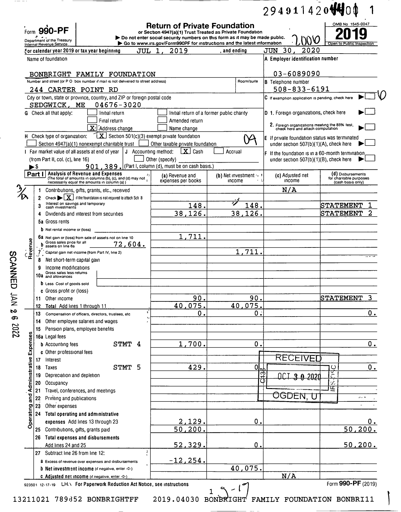 Image of first page of 2019 Form 990PF for Bonbright Family Foundation