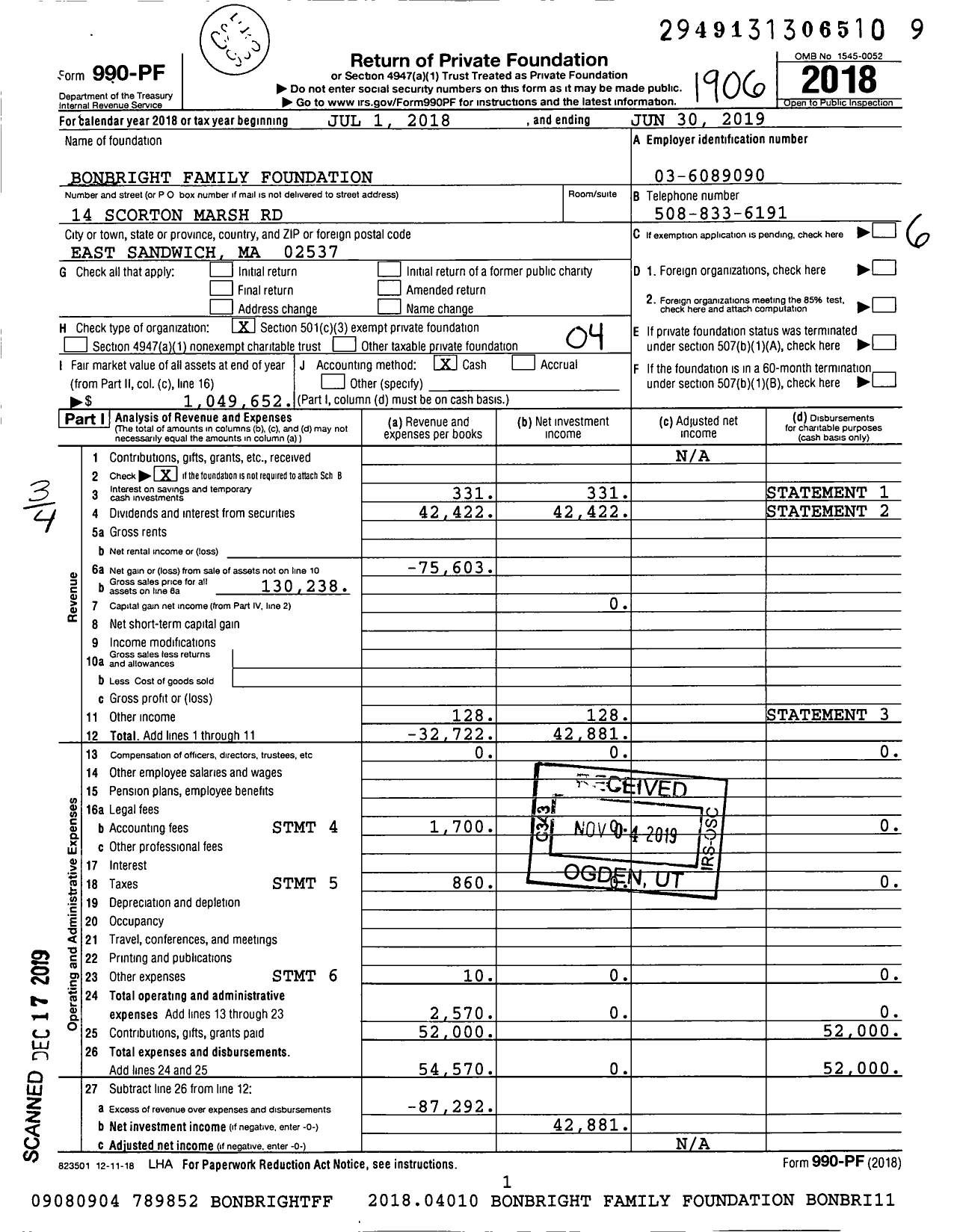 Image of first page of 2018 Form 990PF for Bonbright Family Foundation