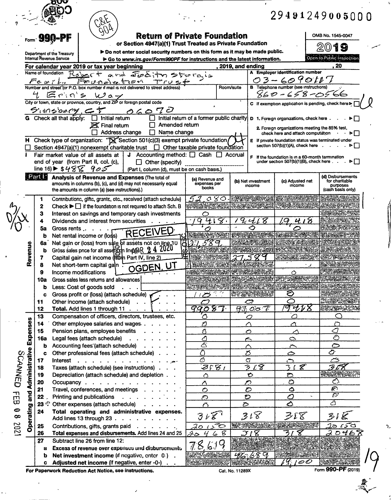 Image of first page of 2019 Form 990PF for The Robert and Judith Sturgis Family Foundation