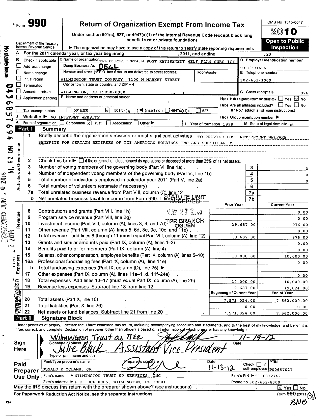 Image of first page of 2010 Form 990O for Trust for Certain Post Retirement Welf Plan Subs Ici Am Hold