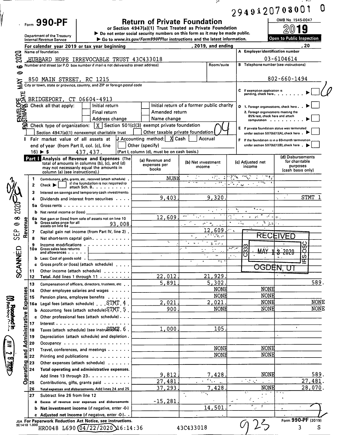 Image of first page of 2019 Form 990PR for Hubbard Hope Irrevocable Trust