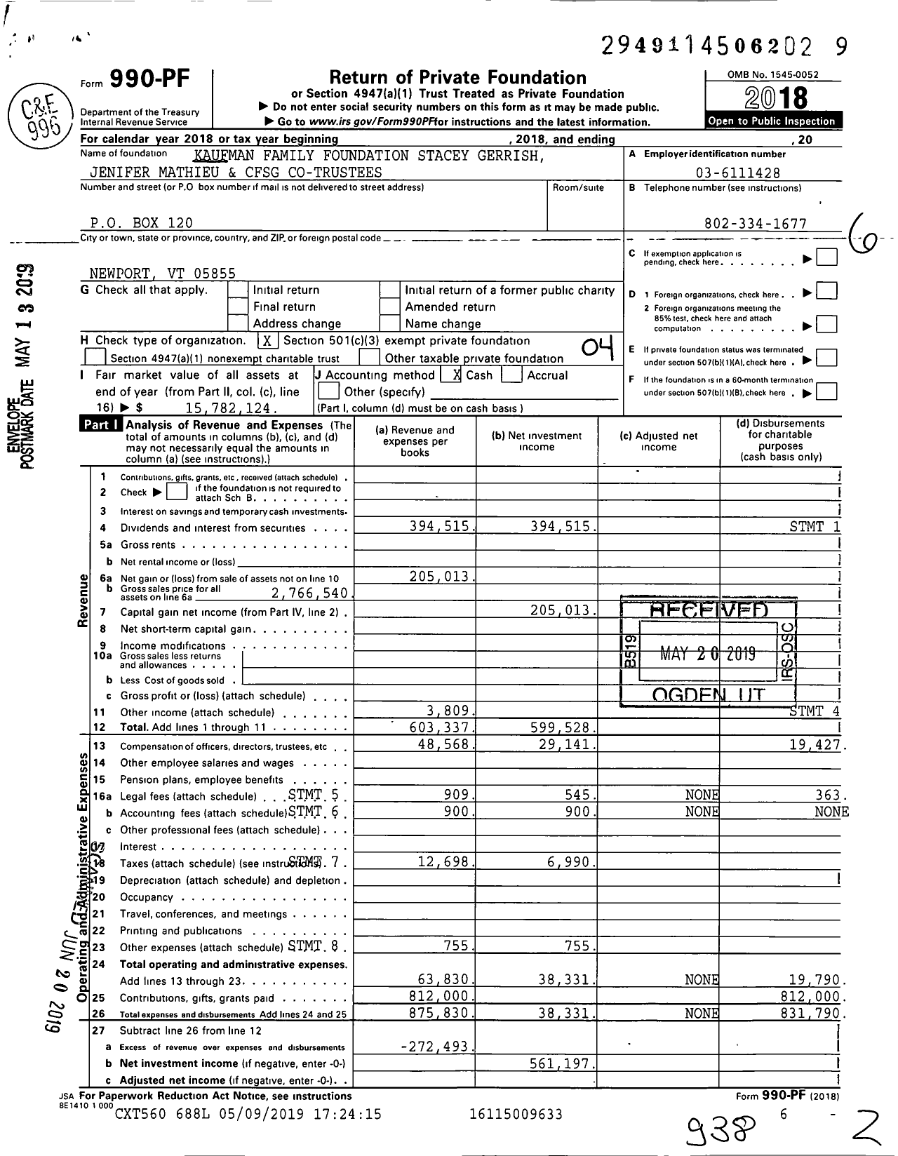 Image of first page of 2018 Form 990PF for Kaufman Family Foundation 16115009633