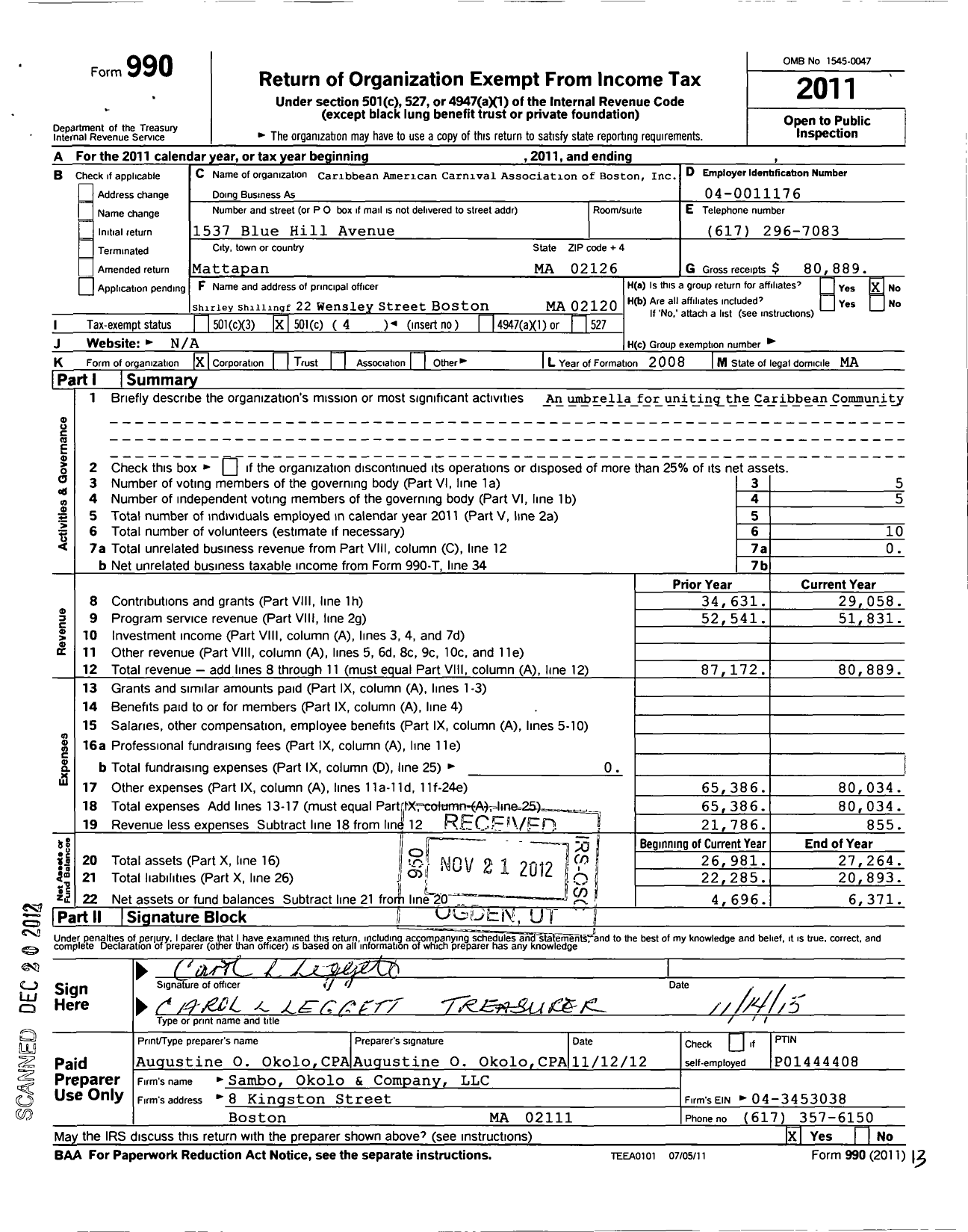 Image of first page of 2011 Form 990O for Caribbean American Carnival Association of Boston