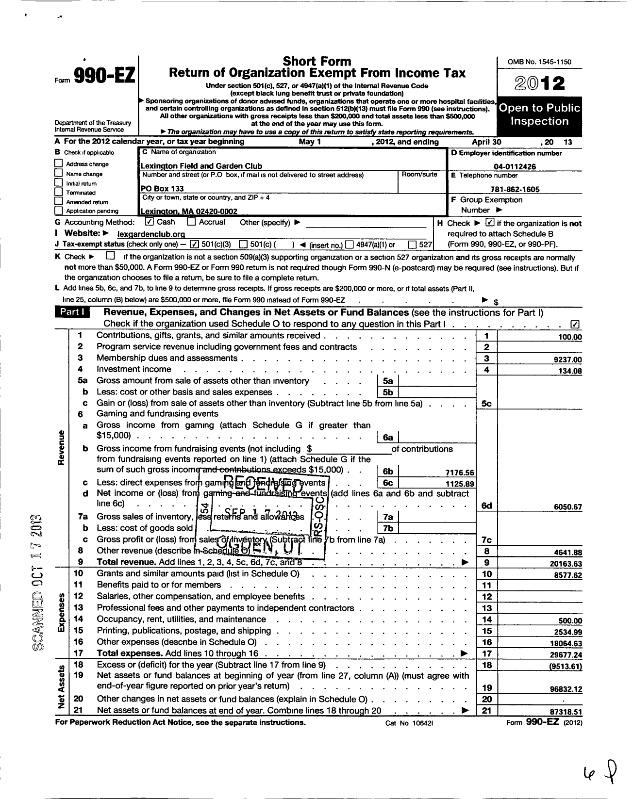 Image of first page of 2012 Form 990EZ for Lexington Field and Garden Club