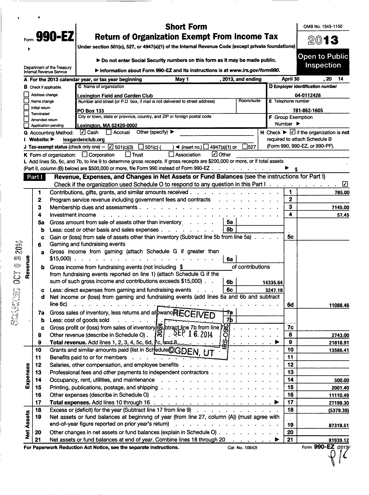 Image of first page of 2013 Form 990EZ for Lexington Field and Garden Club