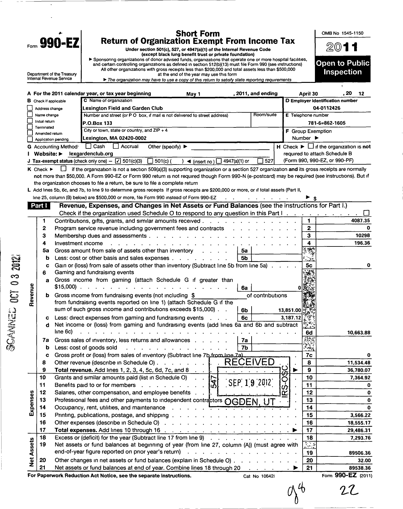 Image of first page of 2011 Form 990EZ for Lexington Field and Garden Club