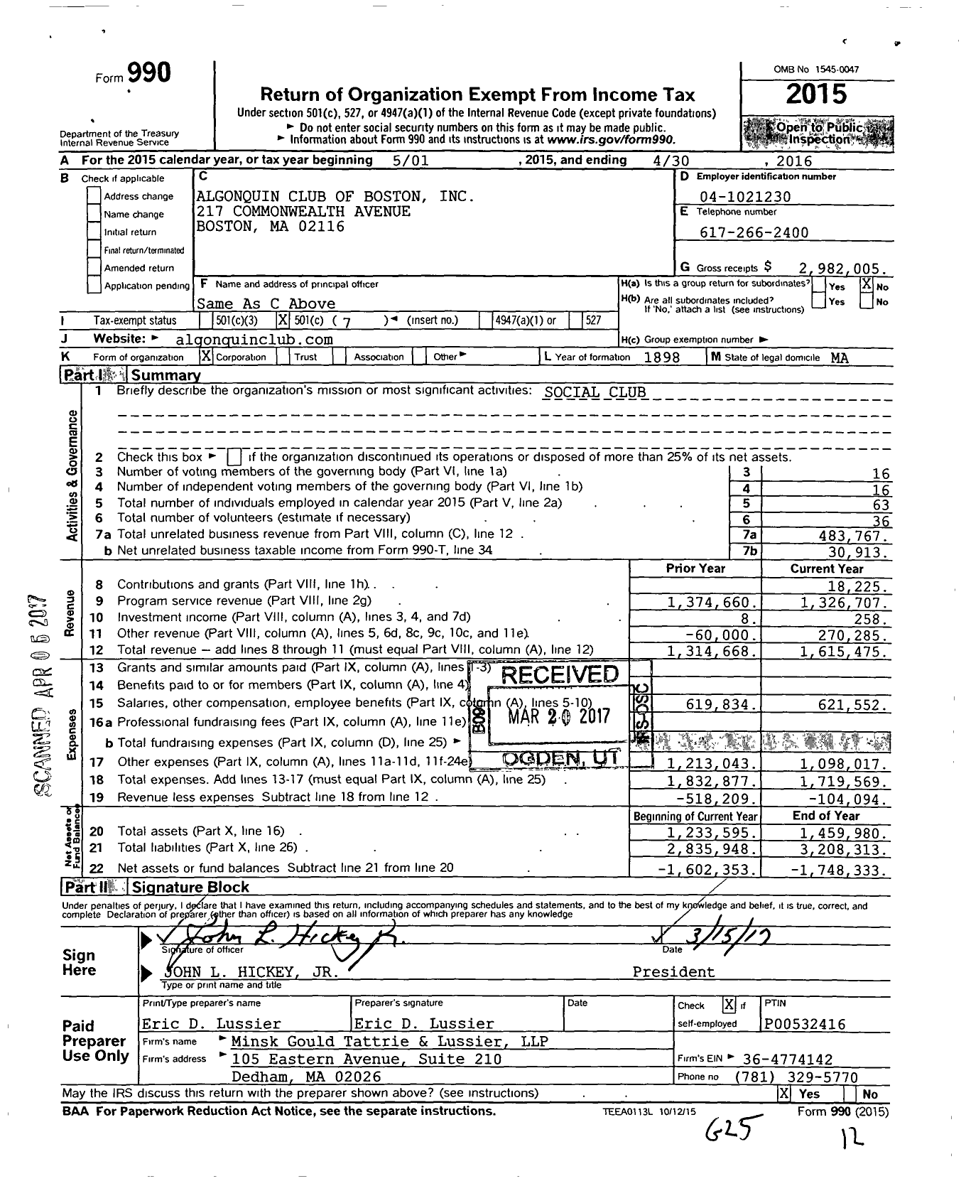 Image of first page of 2015 Form 990O for Algonquin Club of Boston