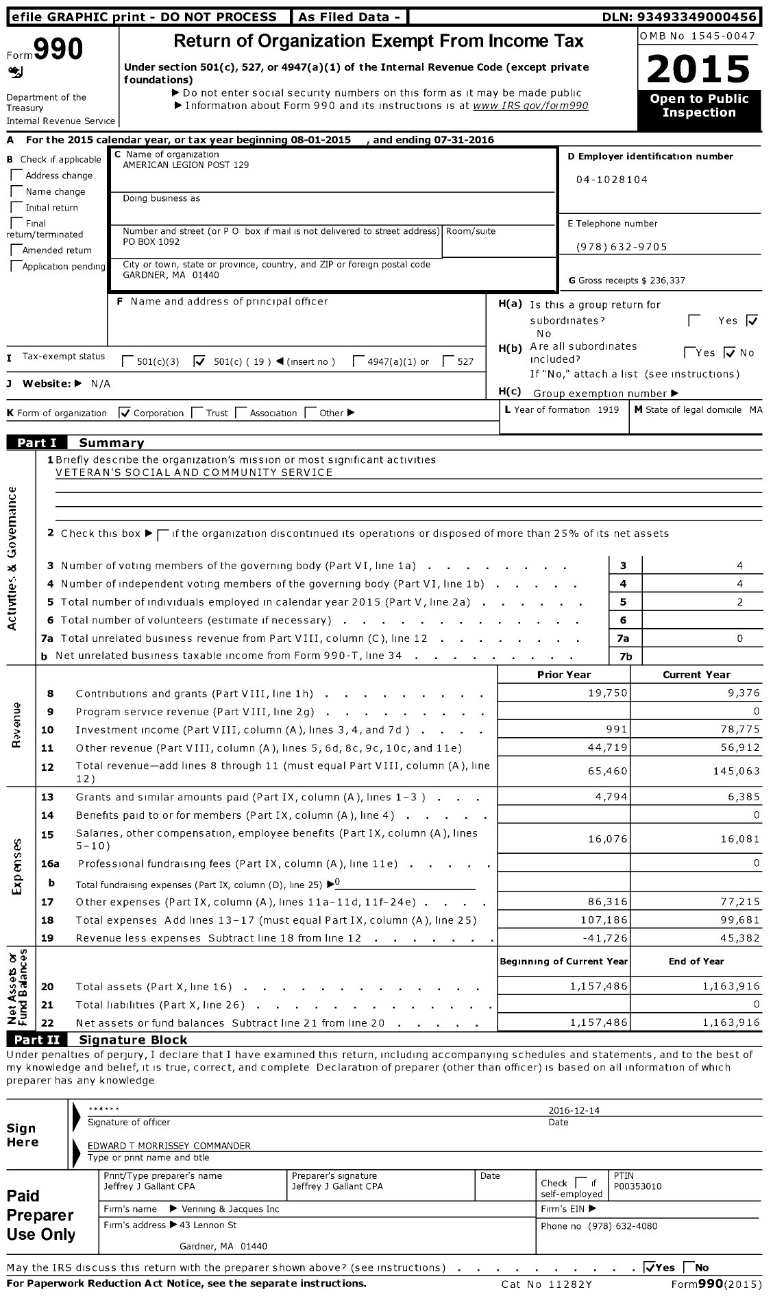Image of first page of 2015 Form 990O for American Legion Post 129