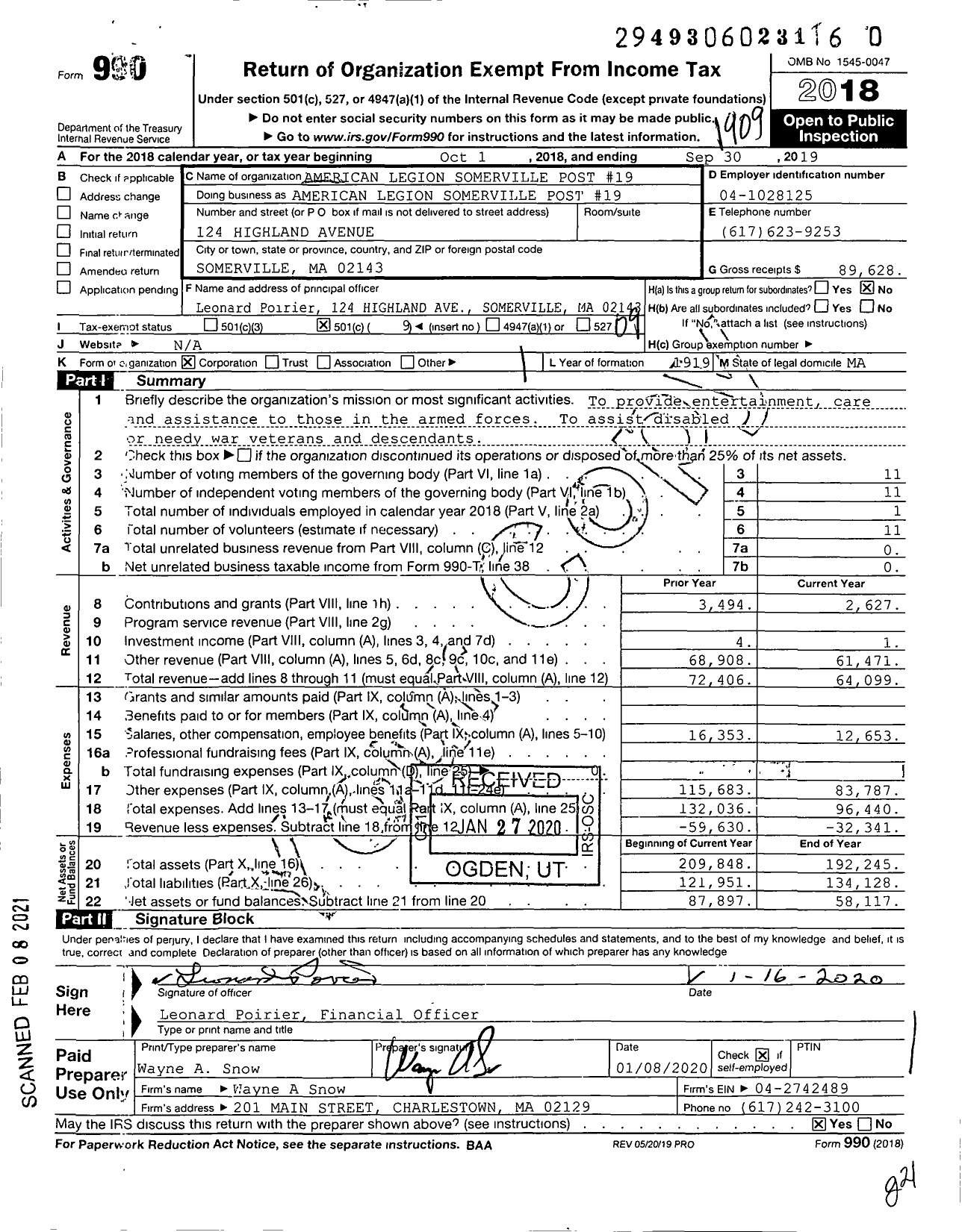 Image of first page of 2018 Form 990O for American Legion - American Legion Somerville Post 19