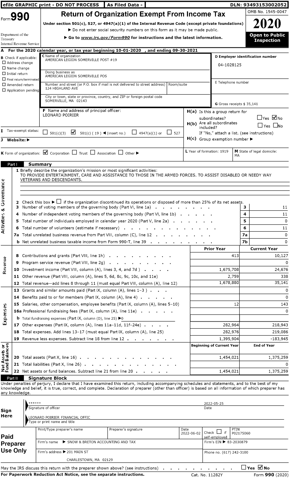 Image of first page of 2020 Form 990O for American Legion - American Legion Somerville Post 19