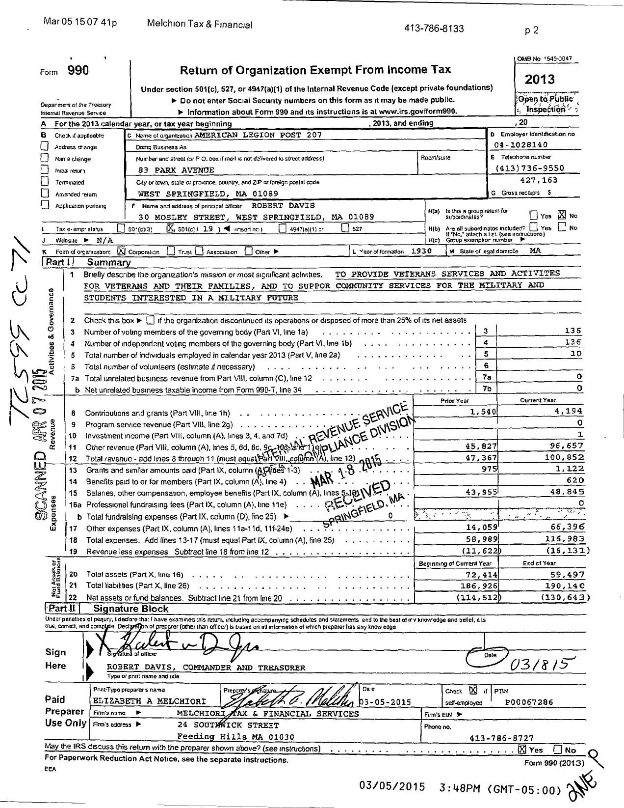 Image of first page of 2013 Form 990O for American Legion - 207 West Springfield