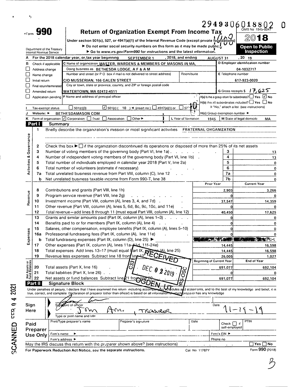 Image of first page of 2018 Form 990O for Massachusetts Freemasons - Bethesda Lodge Af & Am