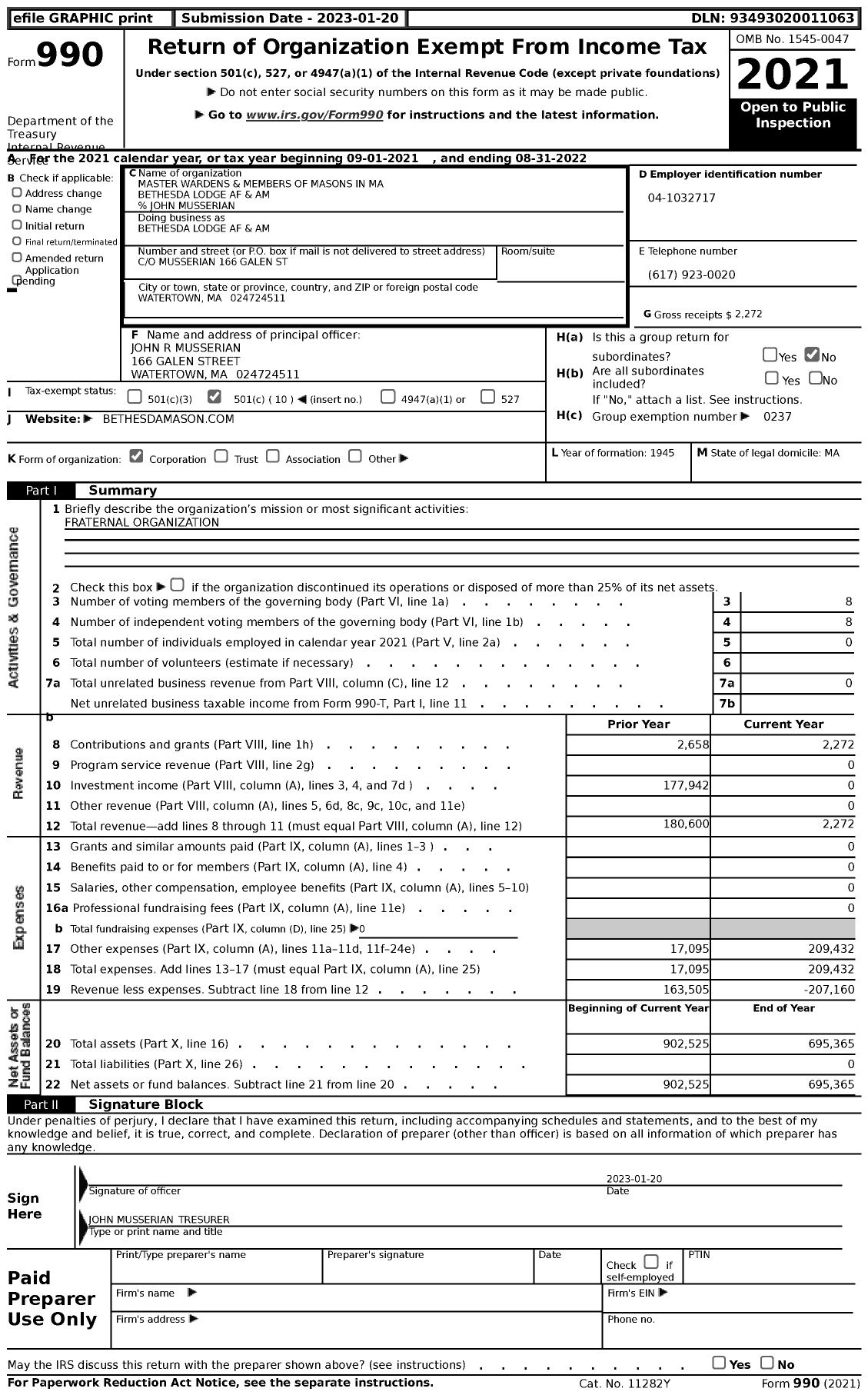 Image of first page of 2021 Form 990 for Massachusetts Freemasons - Bethesda Lodge Af & Am