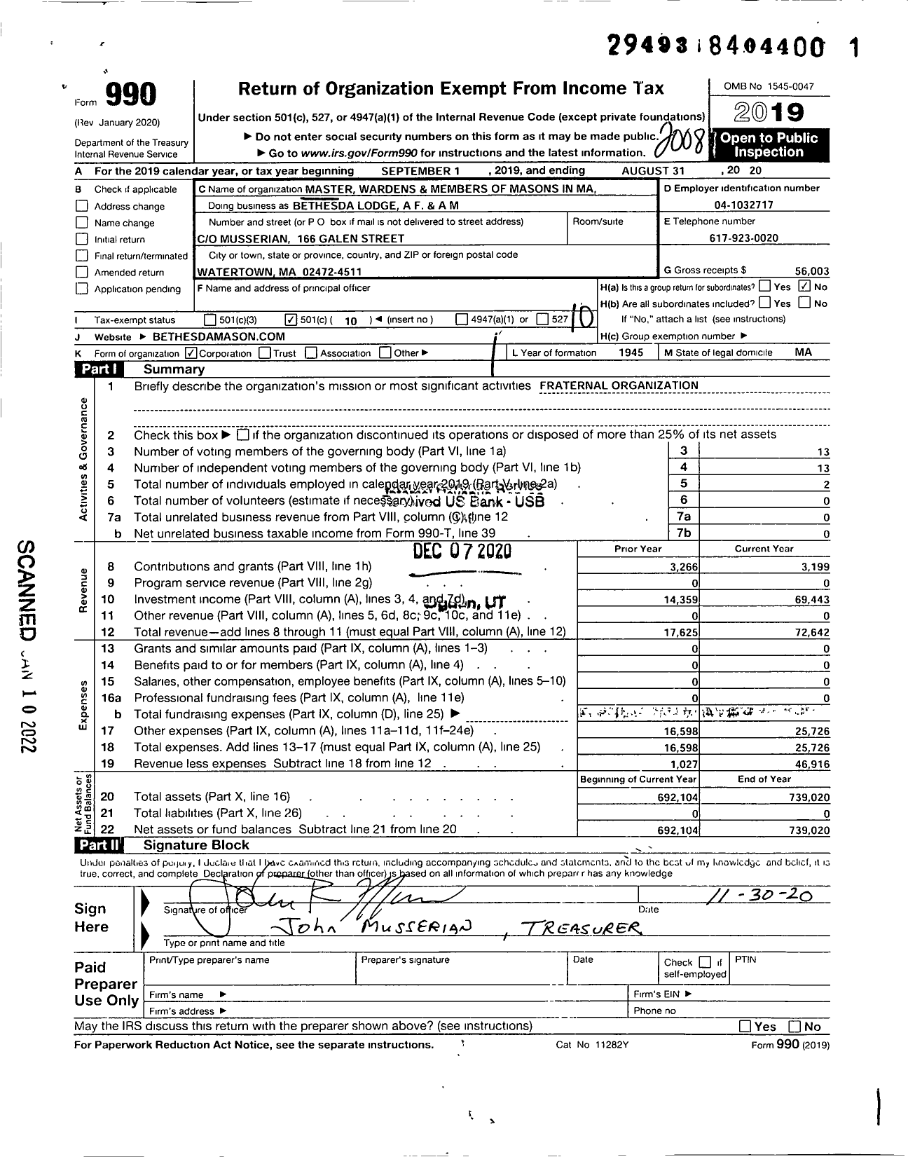 Image of first page of 2019 Form 990O for Massachusetts Freemasons - Bethesda Lodge Af & Am