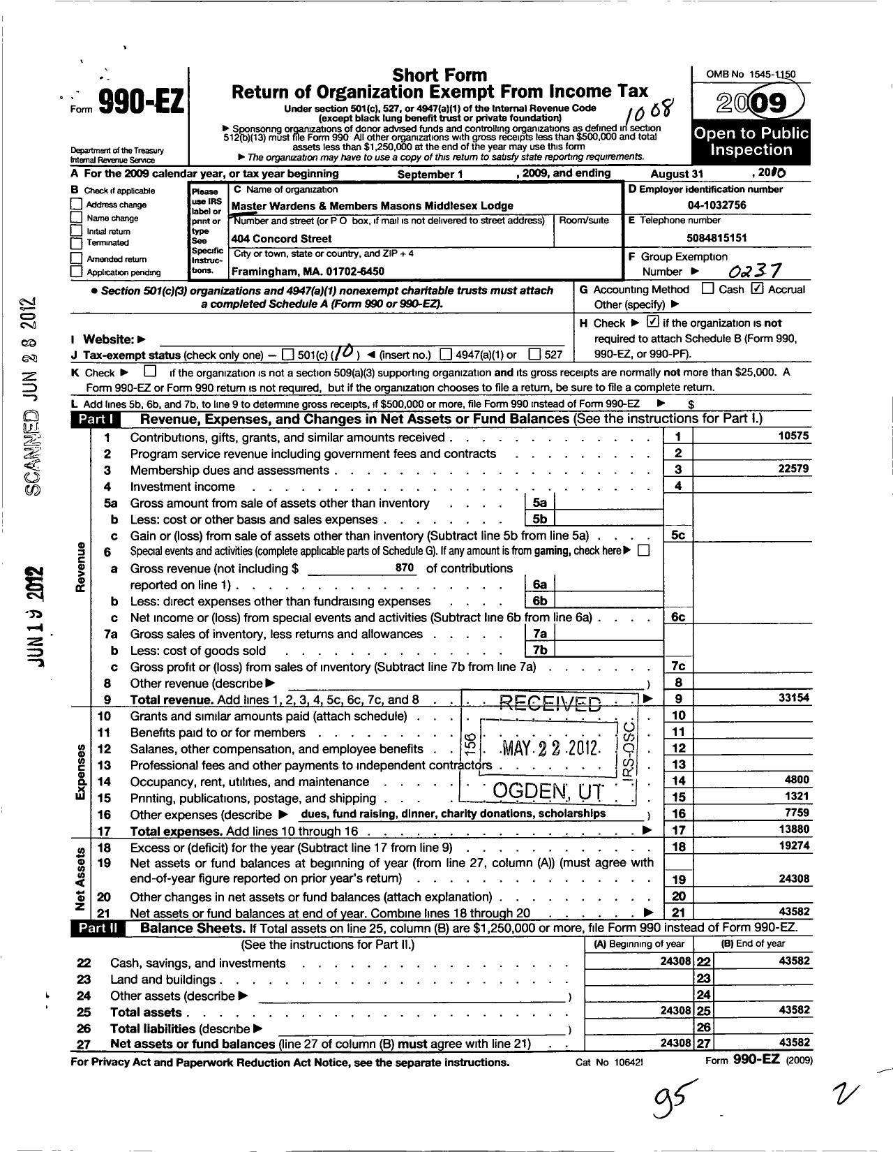 Image of first page of 2009 Form 990EO for Massachusetts Freemasons - Middlesex Lodge