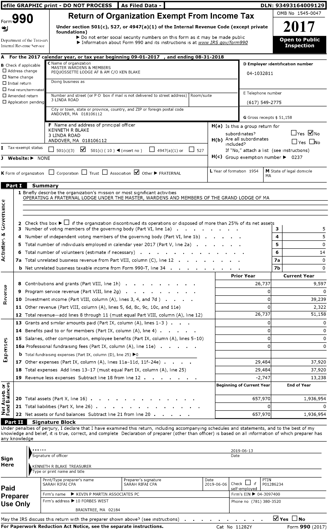 Image of first page of 2017 Form 990O for Massachusetts Freemasons - Pequossette Lodge