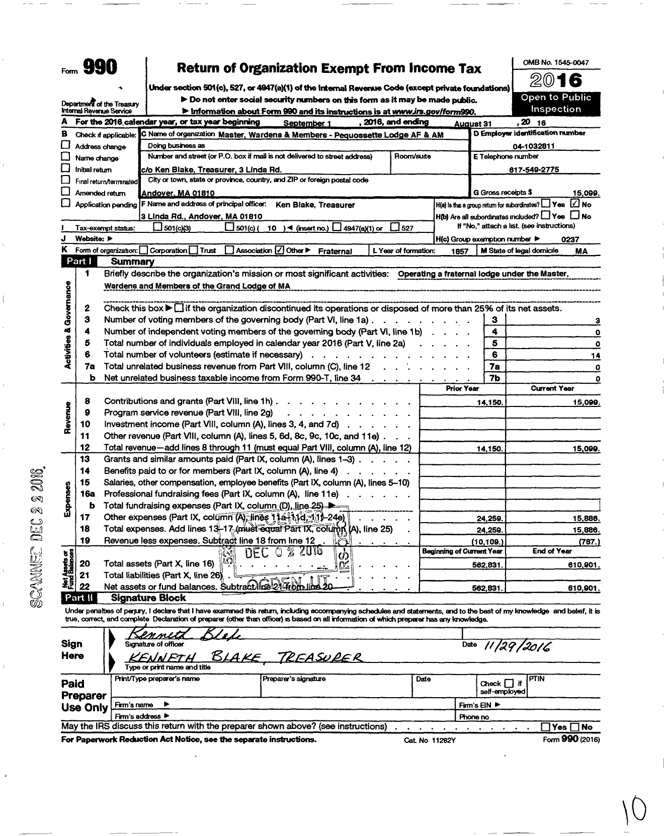 Image of first page of 2015 Form 990O for Massachusetts Freemasons - Pequossette Lodge