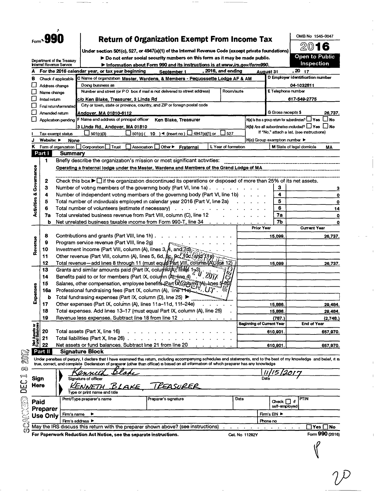 Image of first page of 2016 Form 990O for Massachusetts Freemasons - Pequossette Lodge