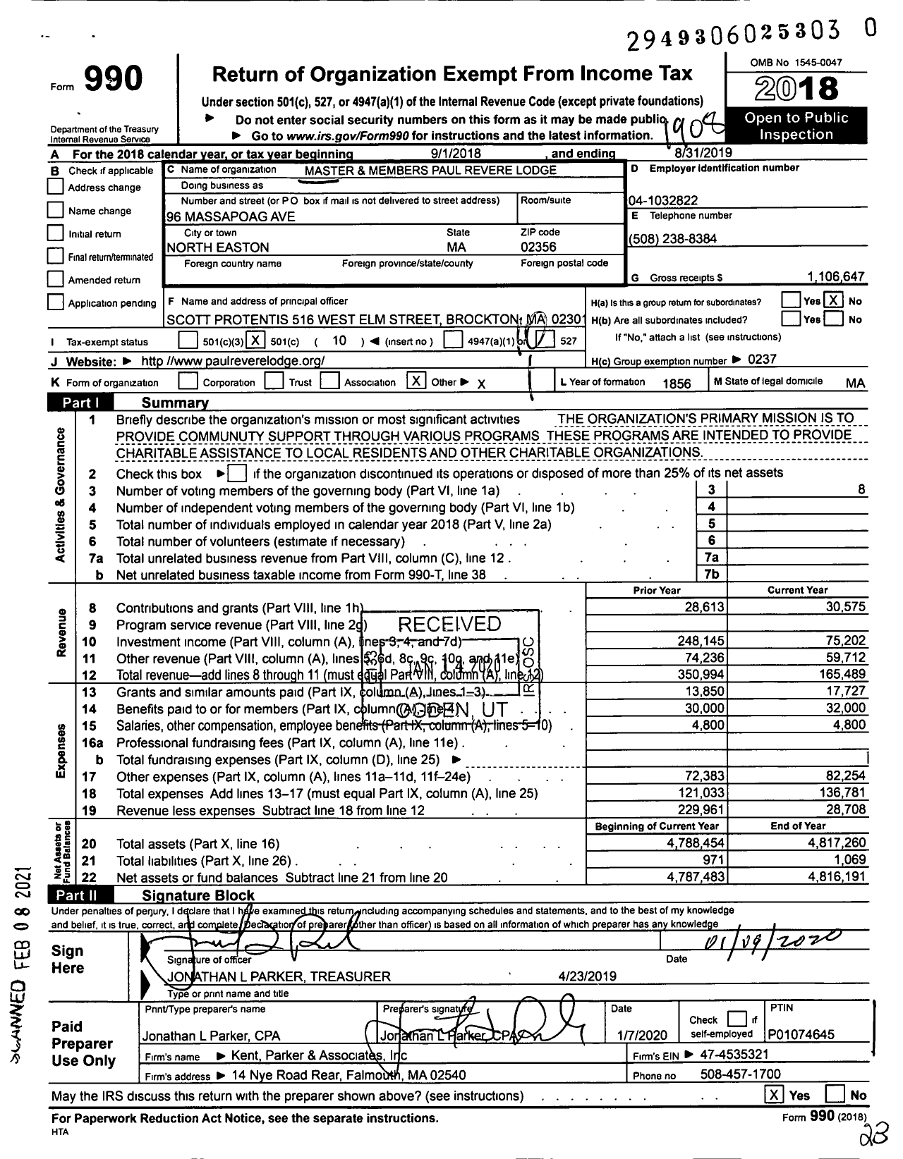 Image of first page of 2018 Form 990O for Massachusetts Freemasons - Paul Revere Lodge