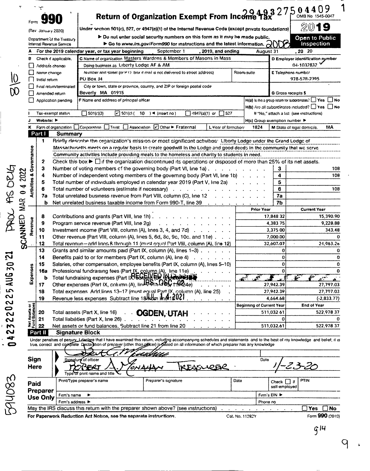 Image of first page of 2019 Form 990O for Massachusetts Freemasons - Liberty Lodge AF & AM