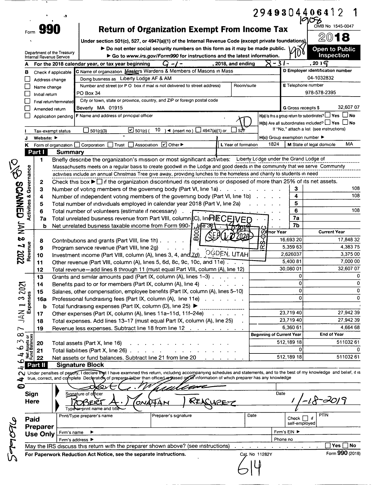 Image of first page of 2018 Form 990O for Massachusetts Freemasons - Liberty Lodge AF & AM