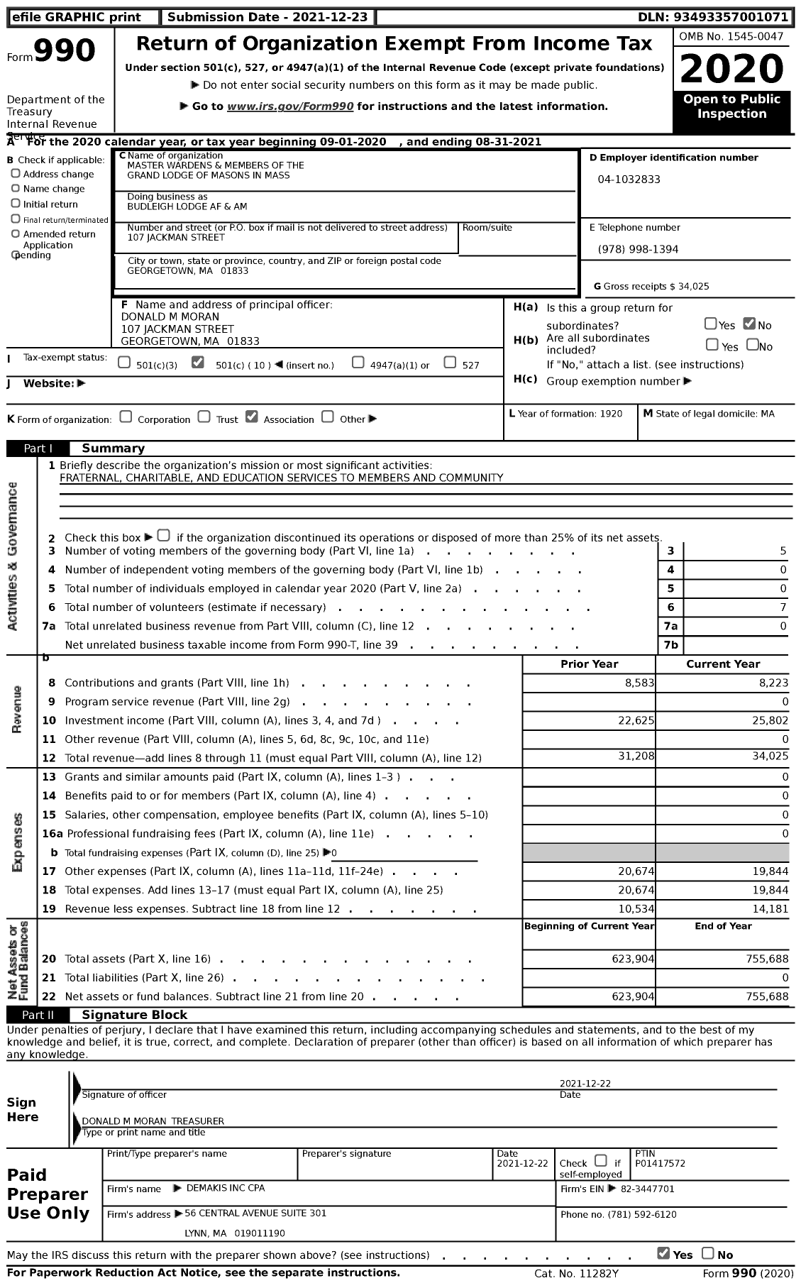 Image of first page of 2020 Form 990 for Massachusetts Freemasons - Budleigh Lodge Af & Am