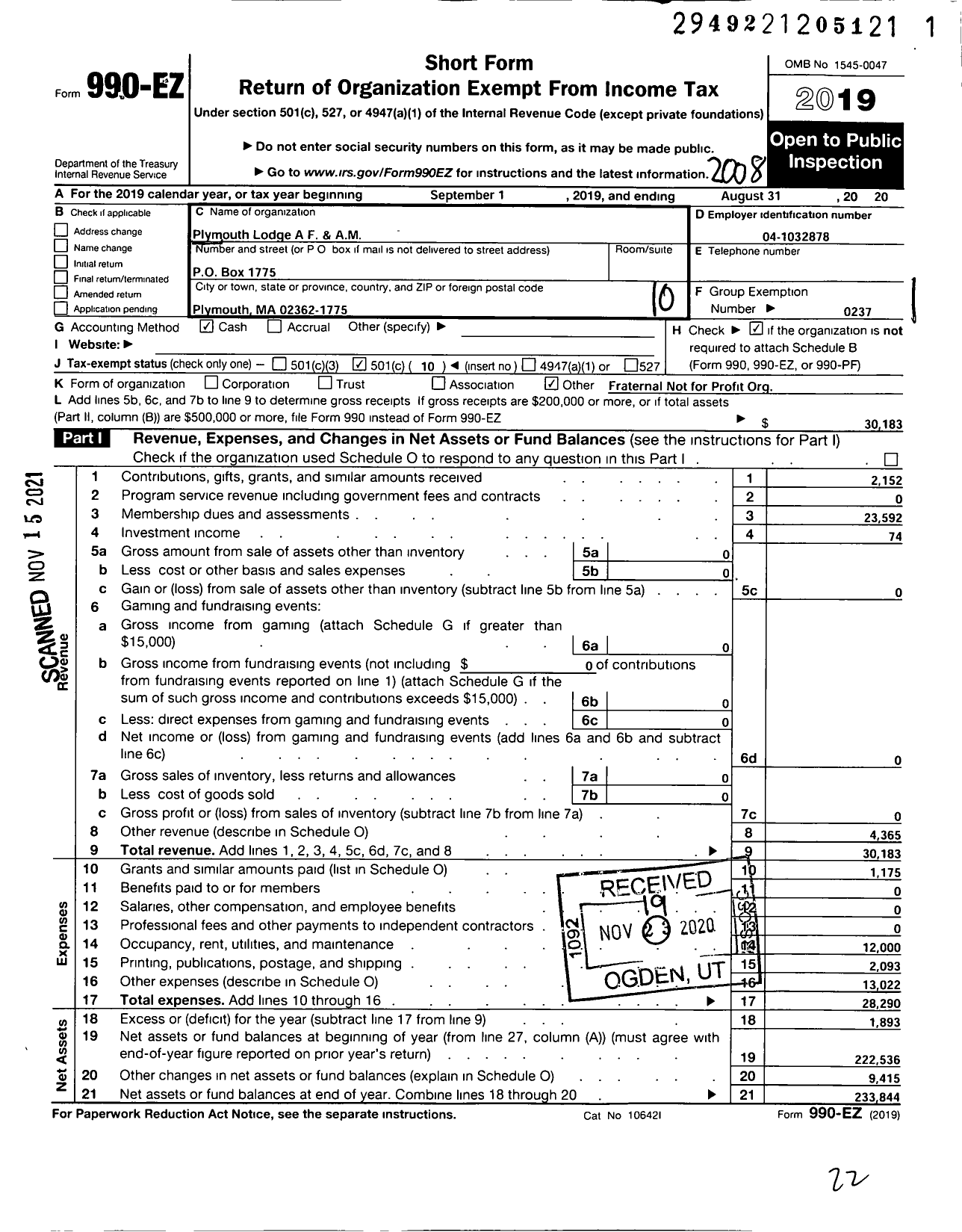 Image of first page of 2019 Form 990EO for Massachusetts Freemasons - Plymouth Lodge